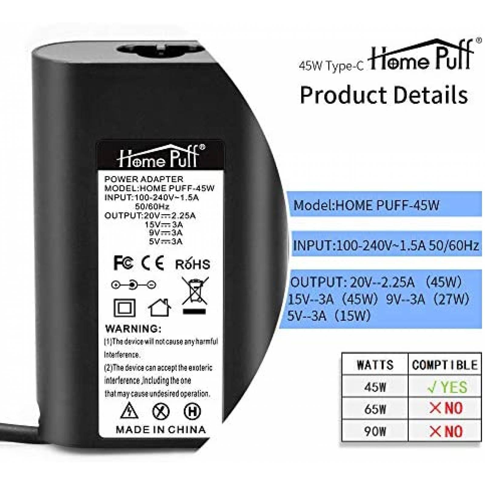 Cargador Laptop HOME PUFF Compatible 45W 240V -Negro