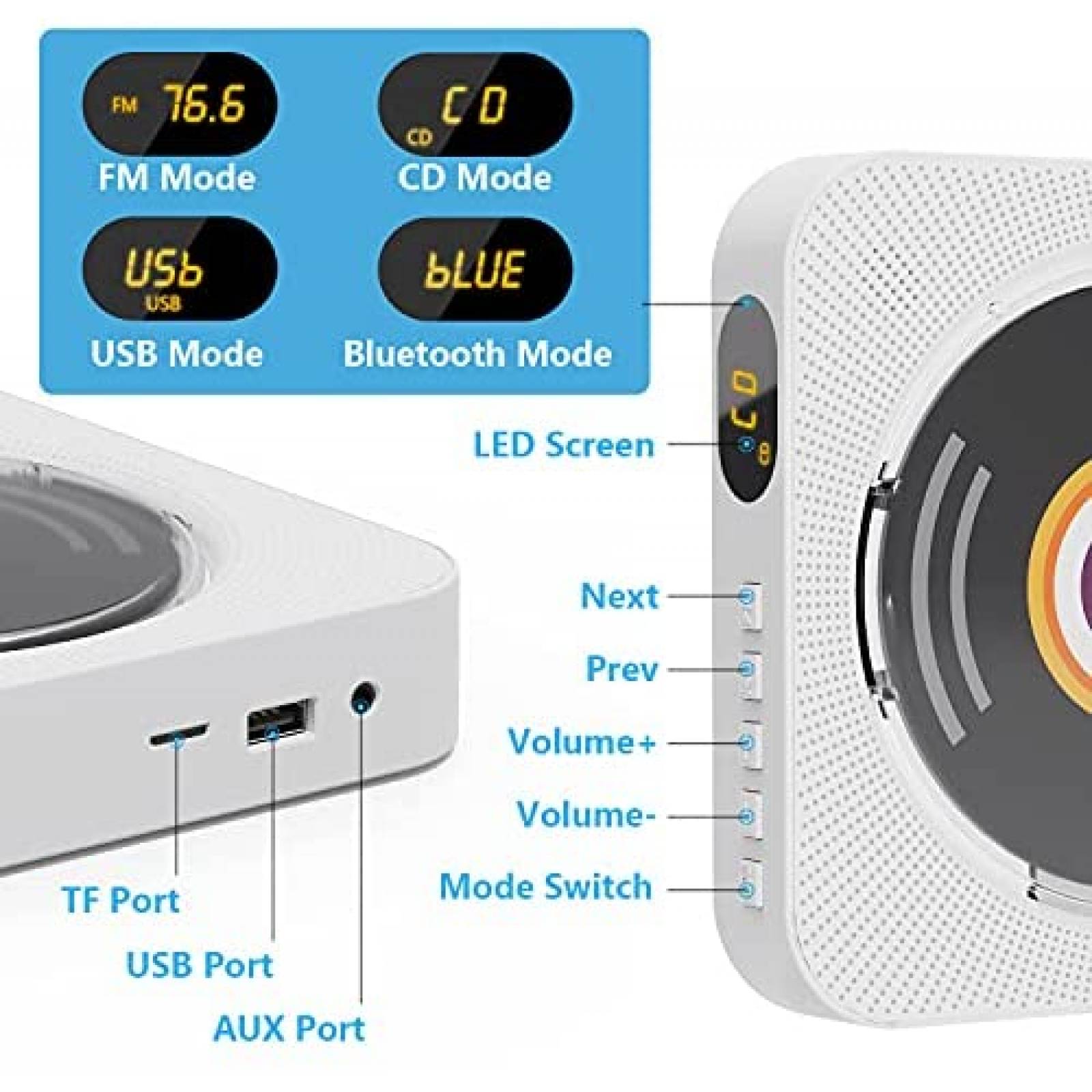 Tocador CD AONCO Bluetooth Radio LED MP3 FM -Blanco