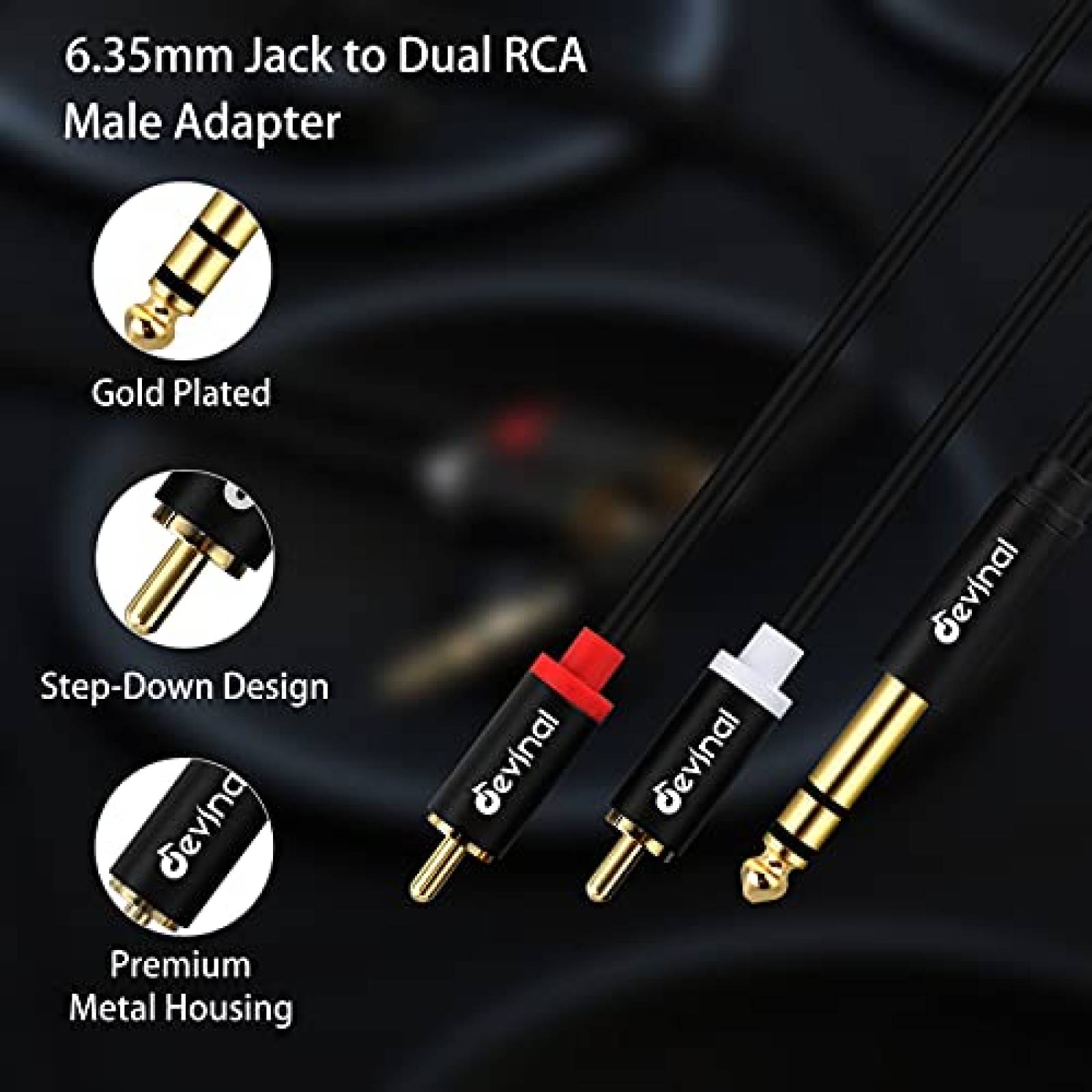 Cable Adaptador Devinal Macho 1/4" a Macho Doble RCA -Negro