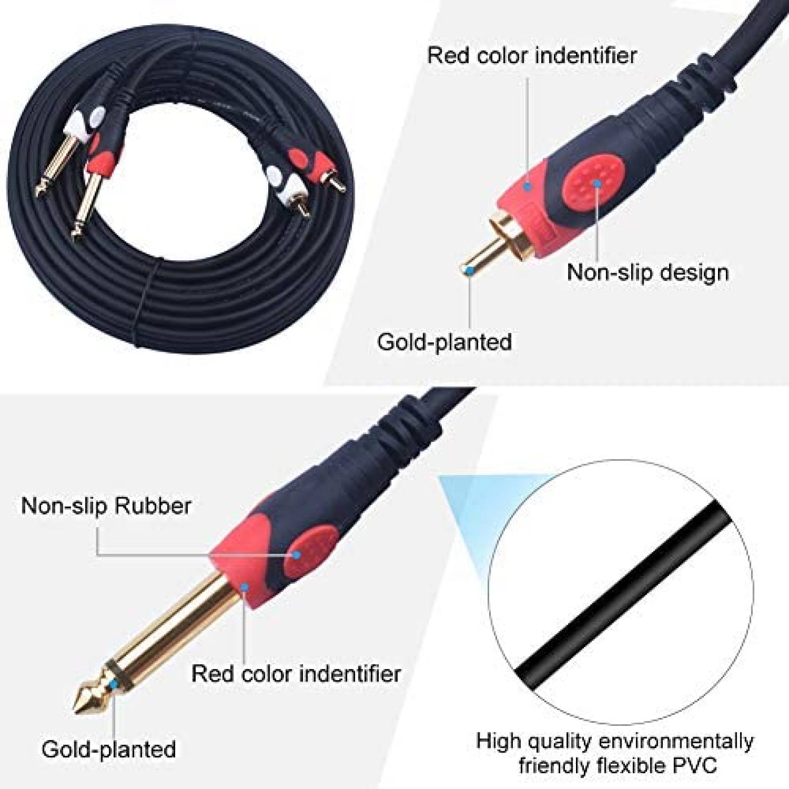 Cable doble RCA 1/4 a doble RCA Devinal 20ft -Negro