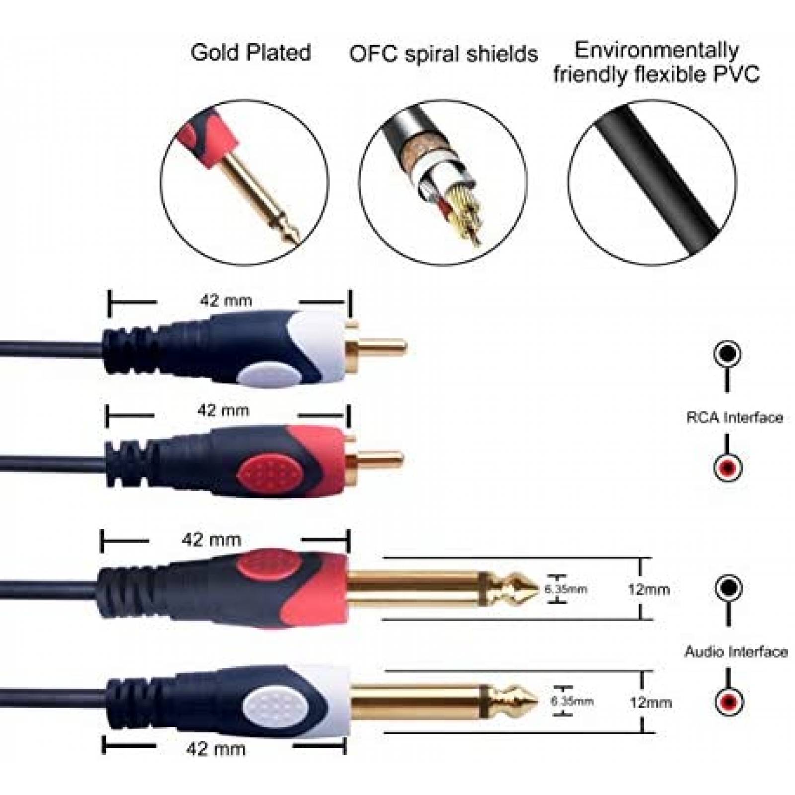 Cable doble RCA 1/4 a doble RCA Devinal 20ft -Negro