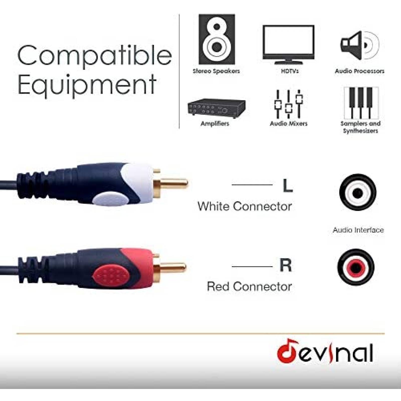 Cable doble RCA 1/4 a doble RCA Devinal 20ft -Negro