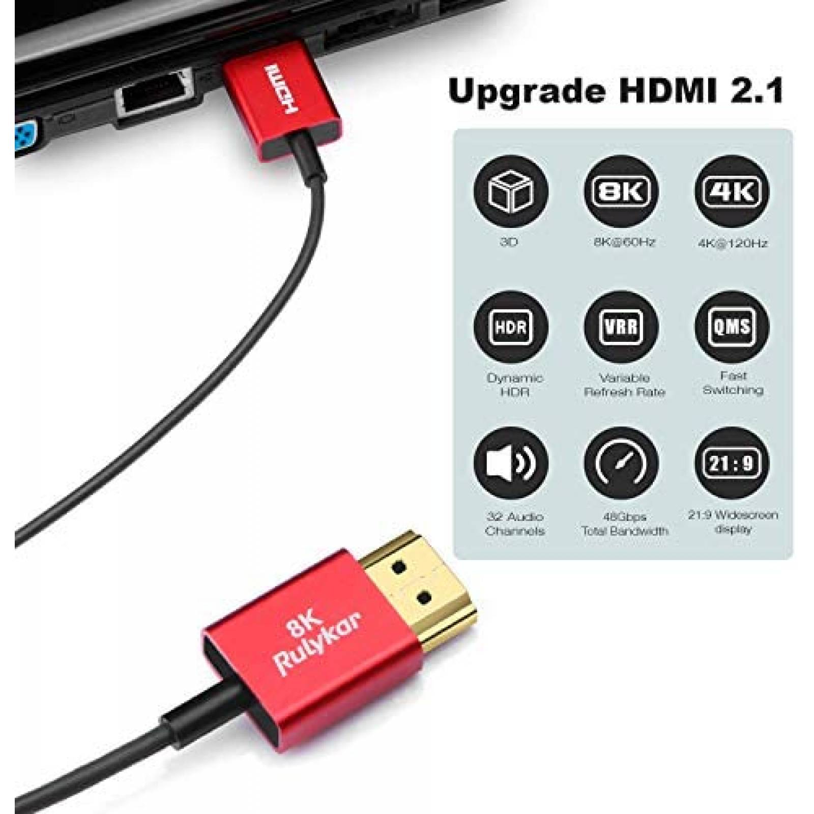 Cable Rulykar HDMI 2.1 8K 60 Hz 48Gbps 3 FT -Negro