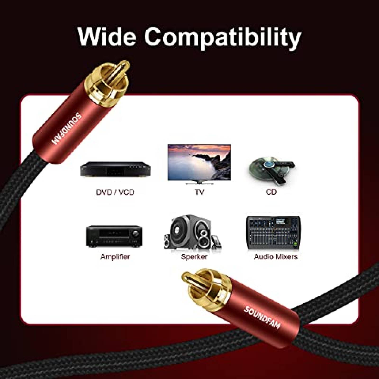 Cable RCA para subwoofer SOUNDFAM 26ft macho a macho -Rojo