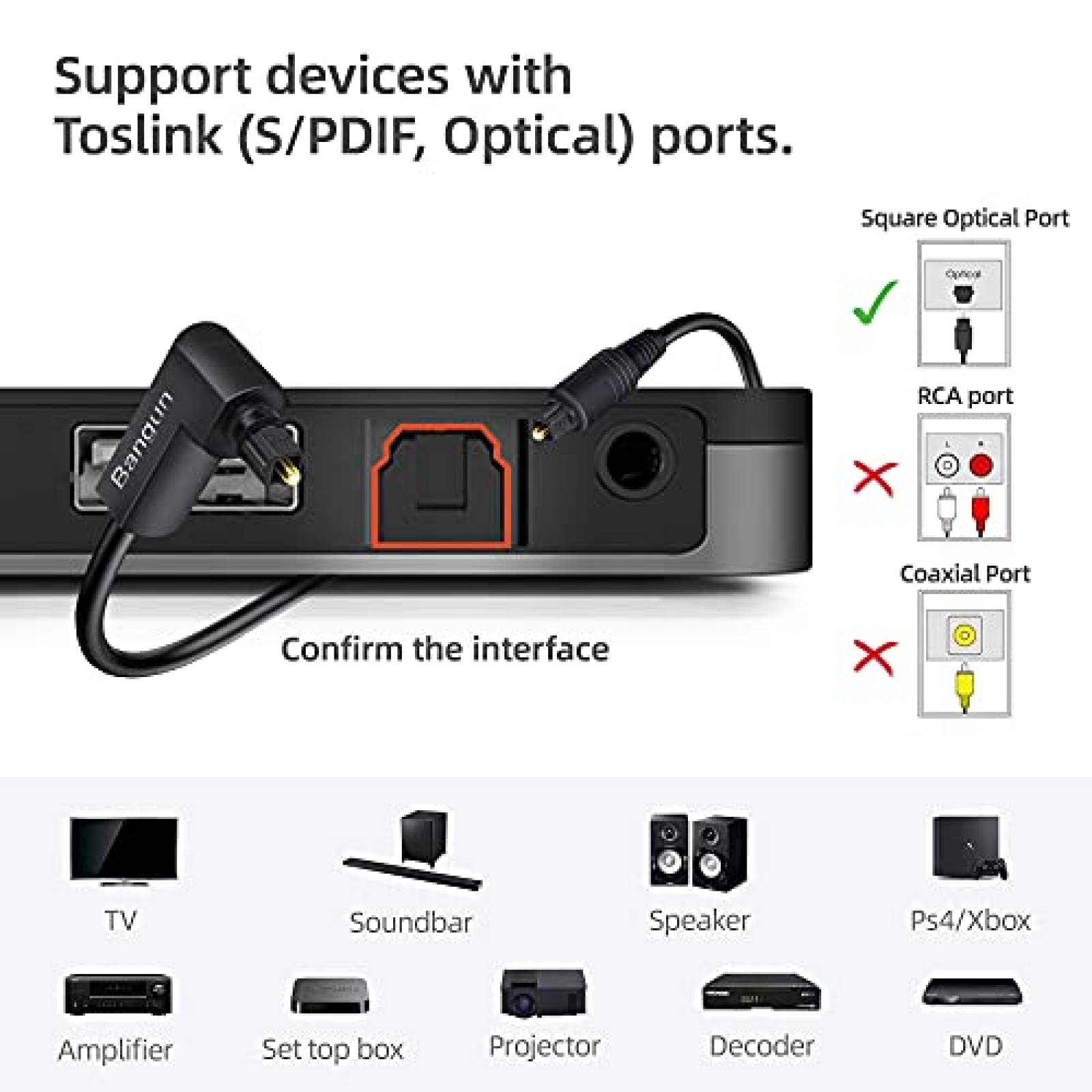 Cable de fibra optica Bangun 8ft a 90 delgado -Negro