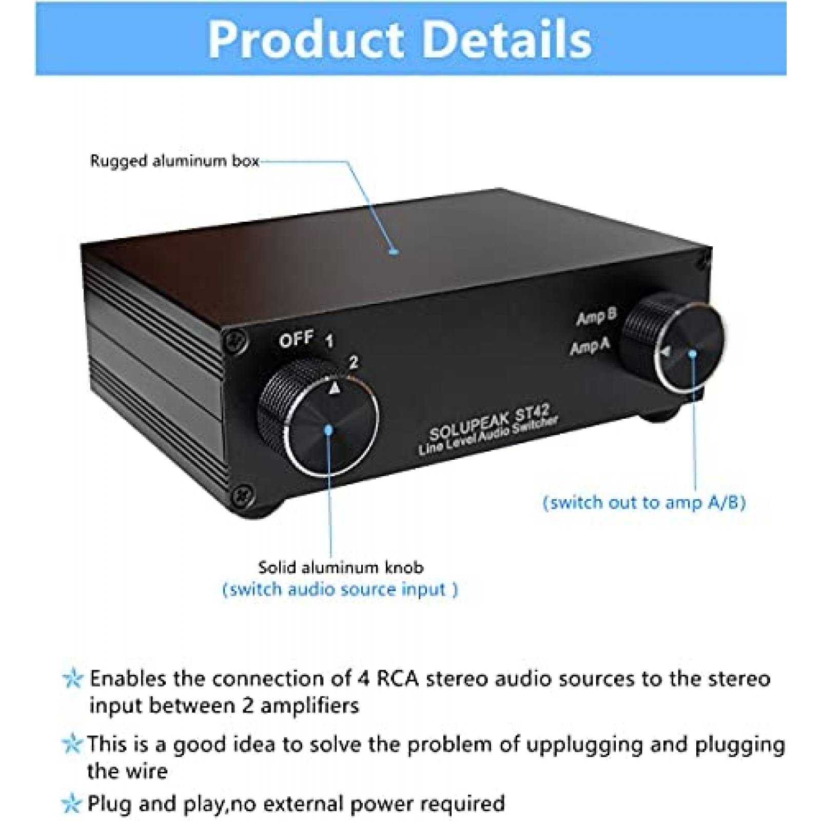 Switch audio SOLUPEAK ST42 Divisor RCA 4 caminos -Negro