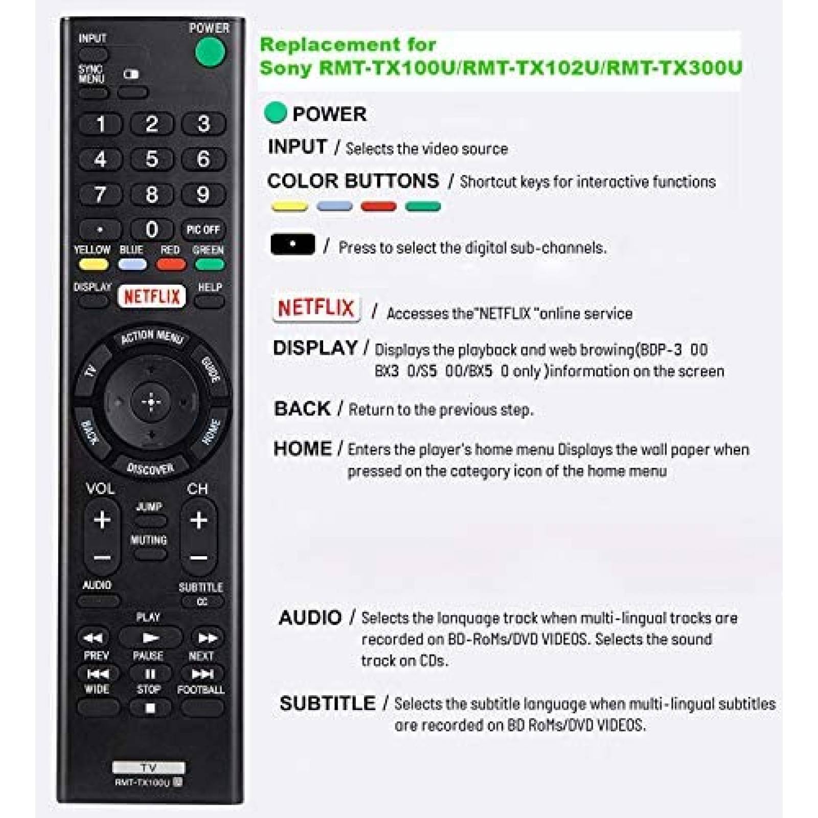 Control para Sony TV Elekapia RMT-TX100U baterias AAA -Negro