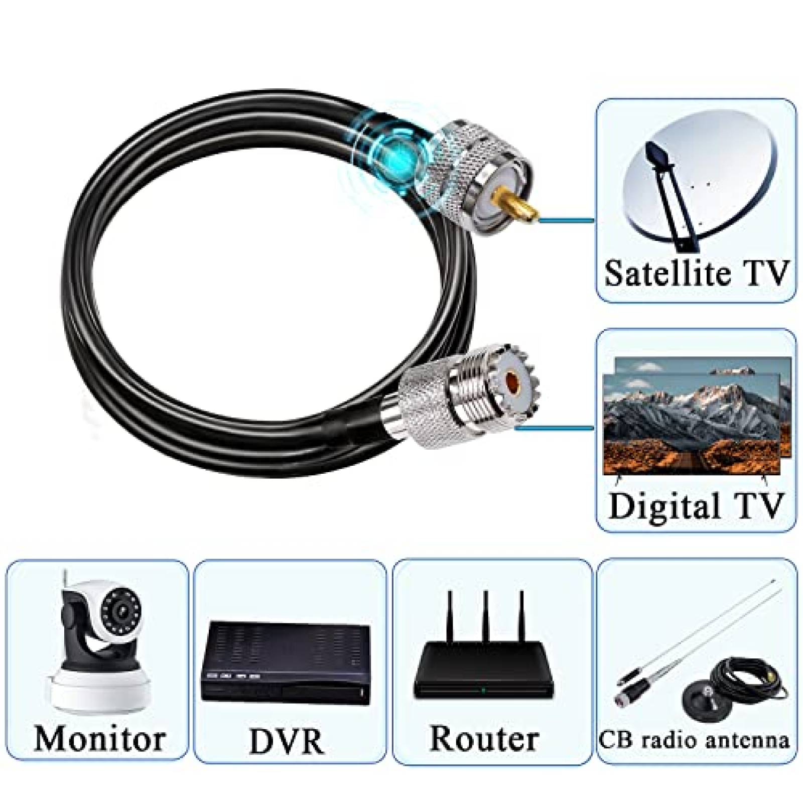 Cable UHF TUOLNK PL259 RG58 de 6.6ft macho a hembra -Negro