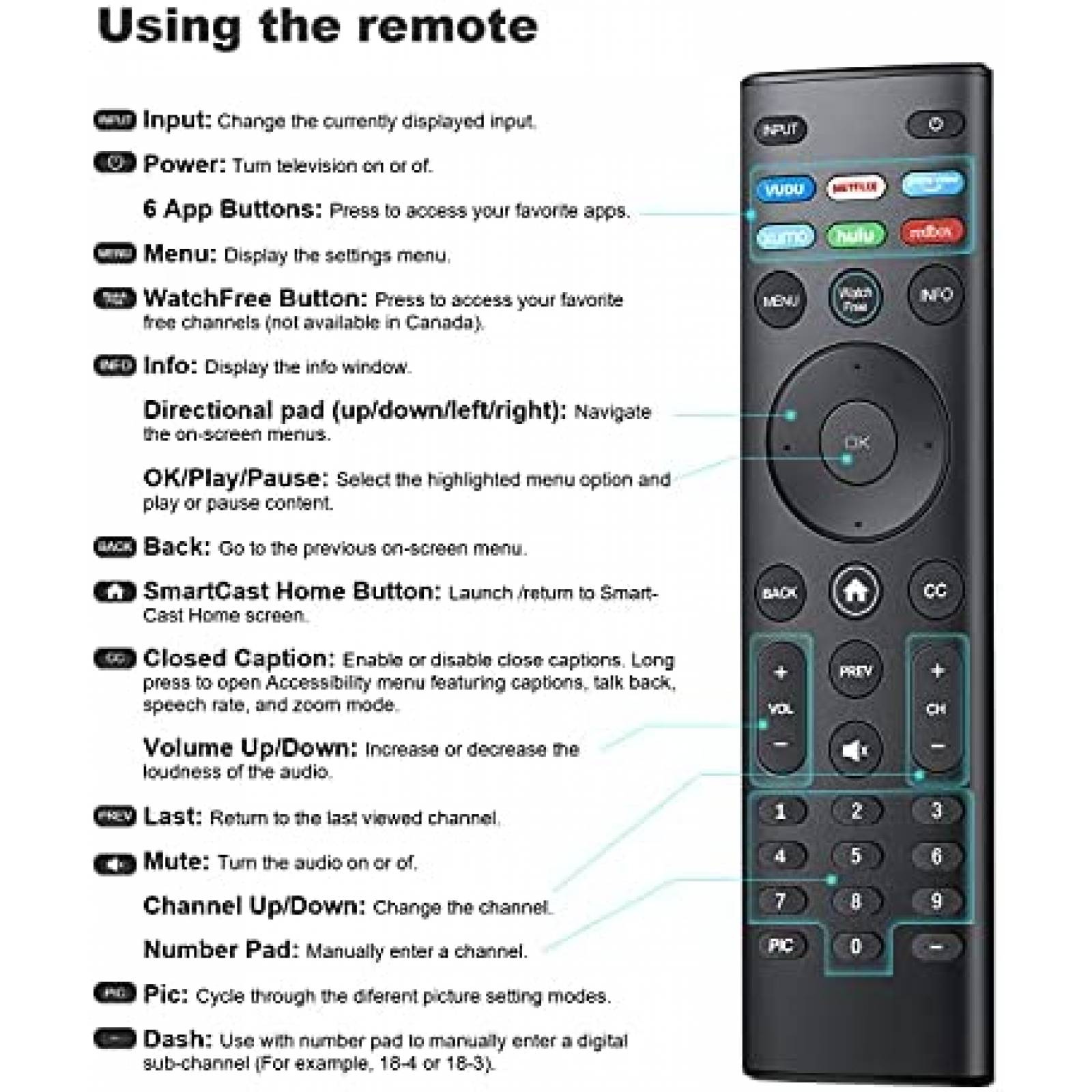 Control Remoto Vtinvan para VIZIO D-Series Smart TV -Negro