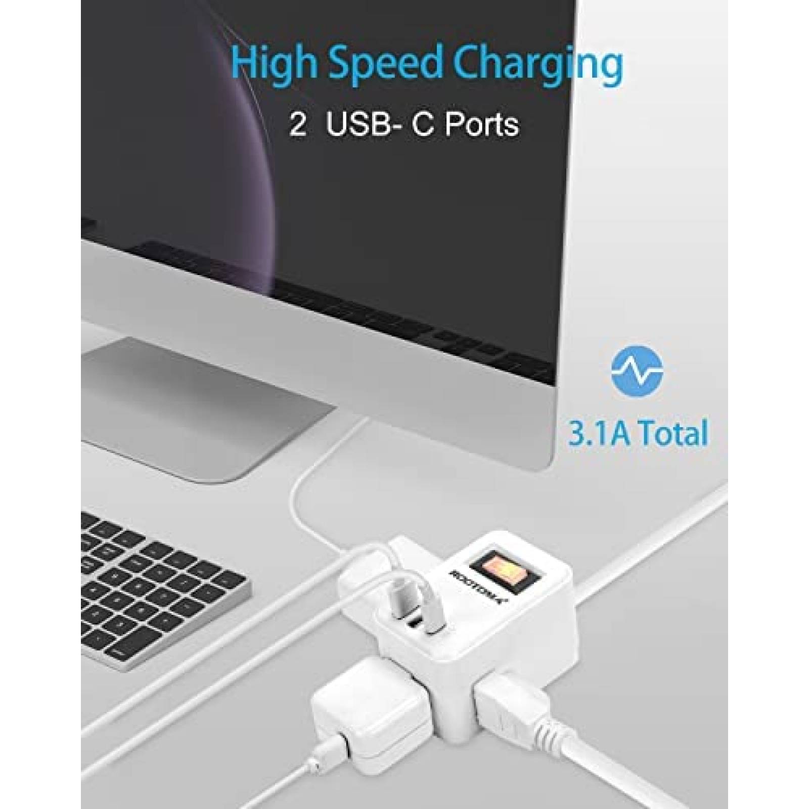  ROOTOMA Extensor de enchufe múltiple USB C con USB, 3