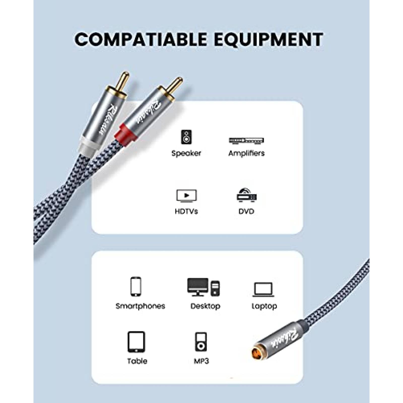 Cable 2 RCA macho a audio hembra RIKSOIN 3.5mm -Gris