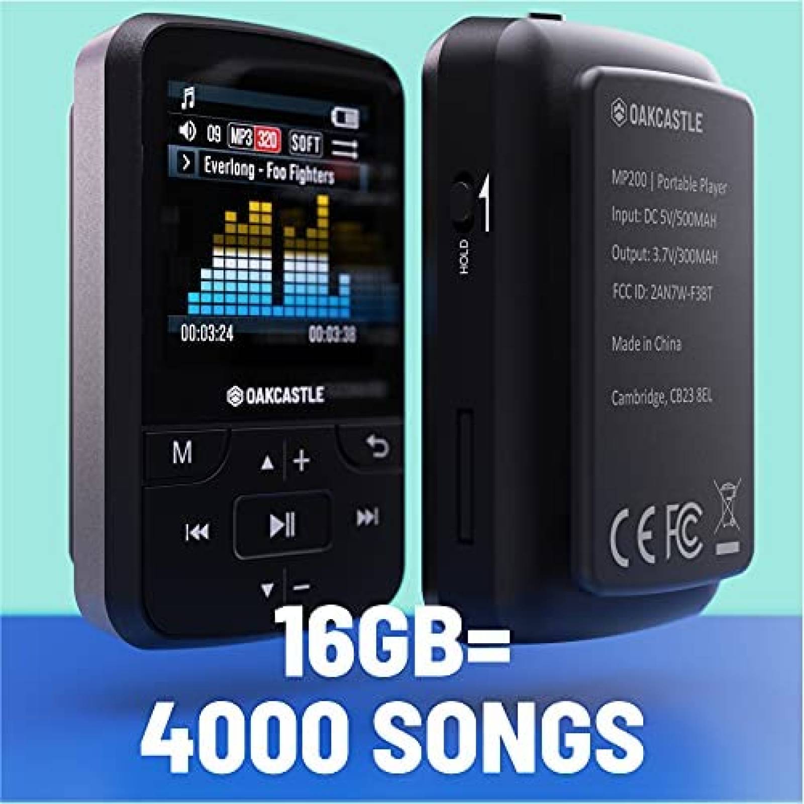 Reproductor MP3 Oakcastle MP200 de 16GB Bluetooth -Negro