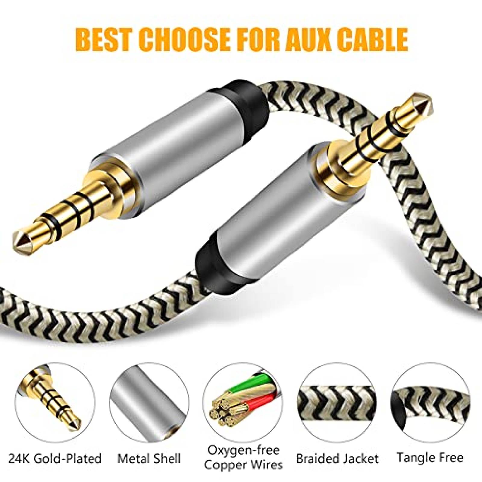 Cable audio aux 3.5mm Tanprmee TRRS 20ft de nylon -Blanco
