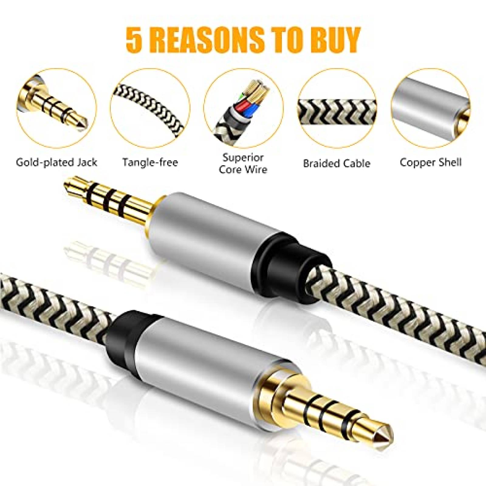 Cable audio aux 3.5mm Tanprmee TRRS 20ft de nylon -Blanco