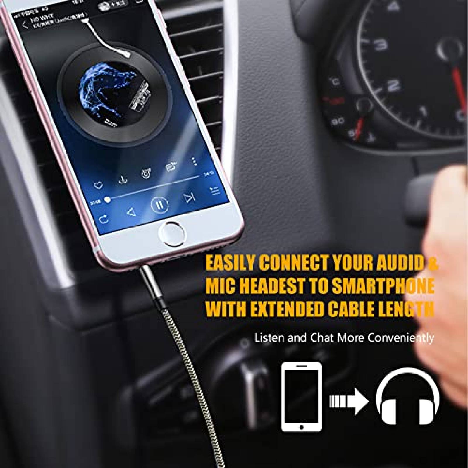 Cable audio aux 3.5mm Tanprmee TRRS 20ft de nylon -Blanco