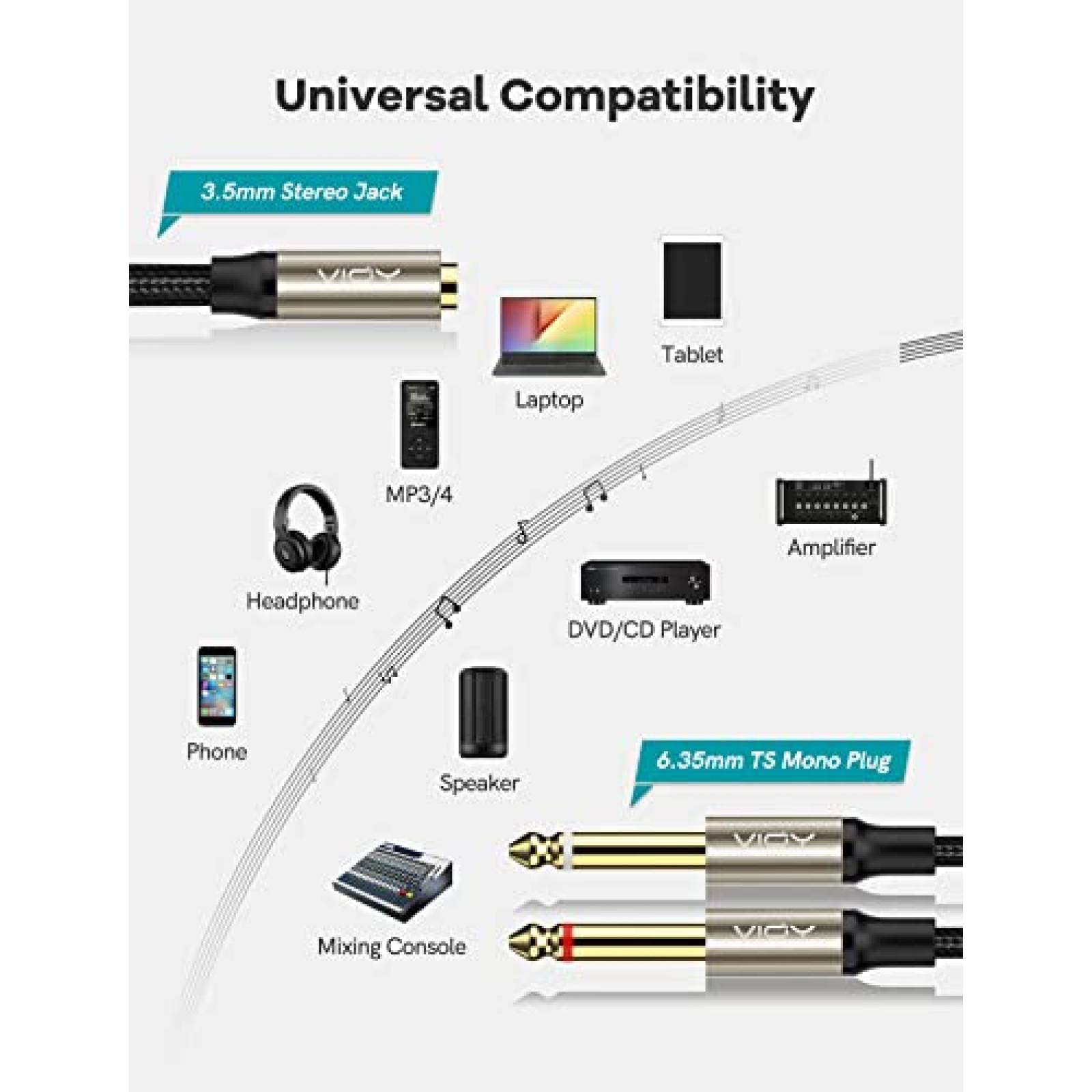 Cable de Audio VIOY 3.5mm a 6.3mm Dual de 35cm -Negro