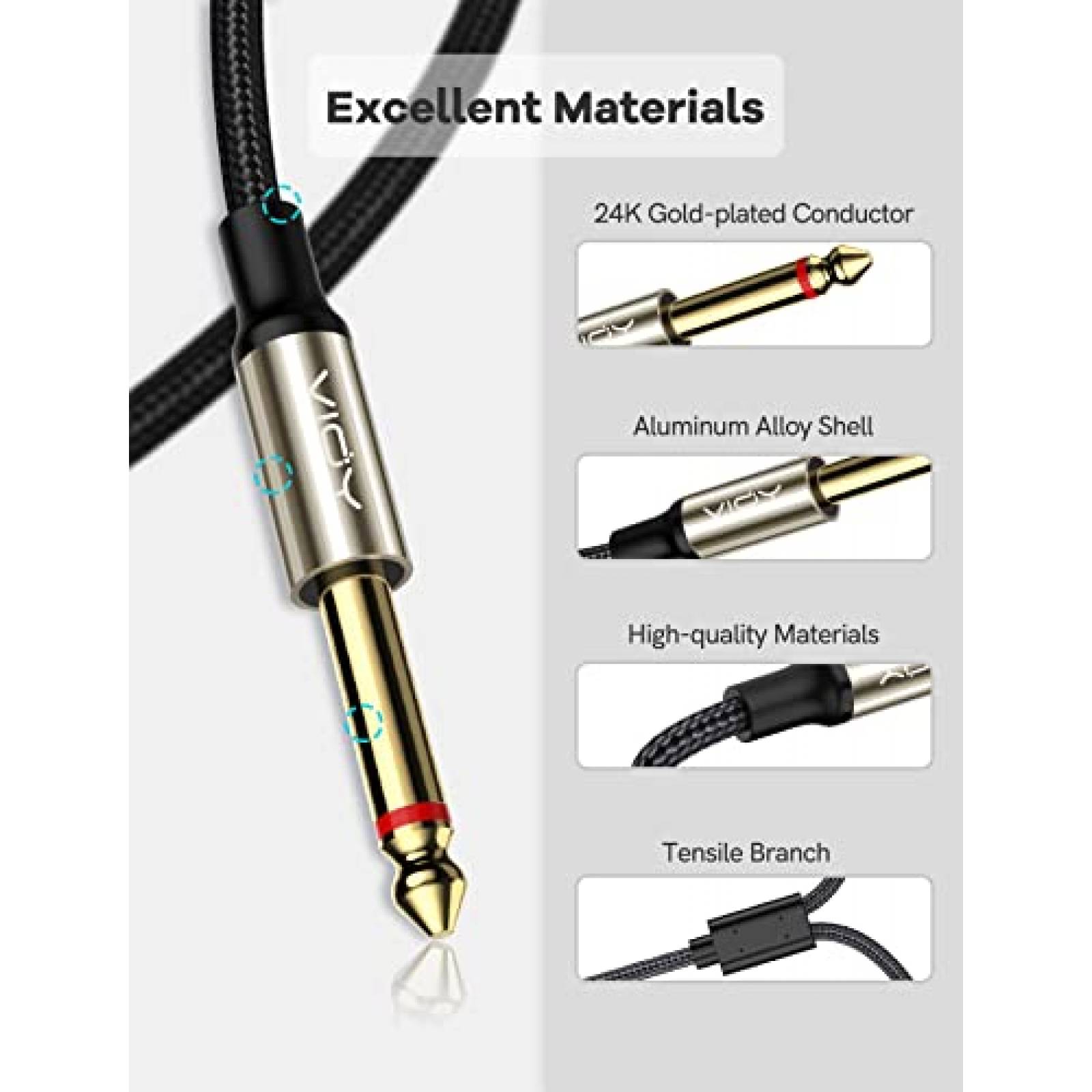Cable de Audio VIOY 3.5mm a 6.3mm Dual de 35cm -Negro