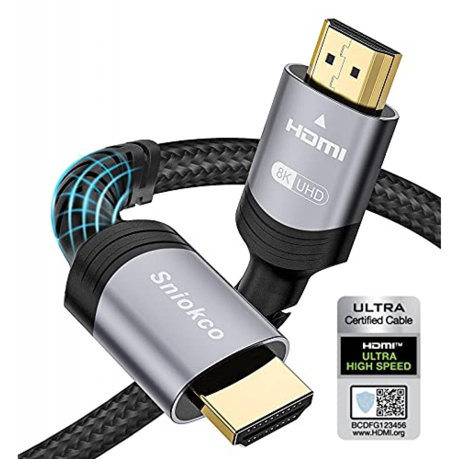 Cable HDMI 2.1 Sniokco de 8K de 10 pies de 48 Gbps -Gris