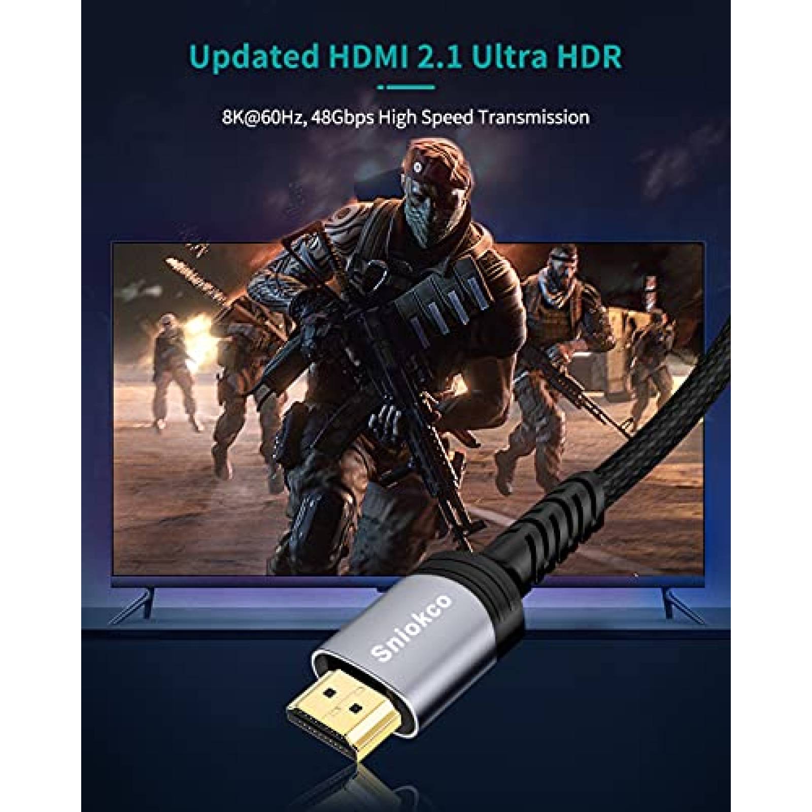 Cable HDMI 2.1 Sniokco de 8K de 10 pies de 48 Gbps -Gris