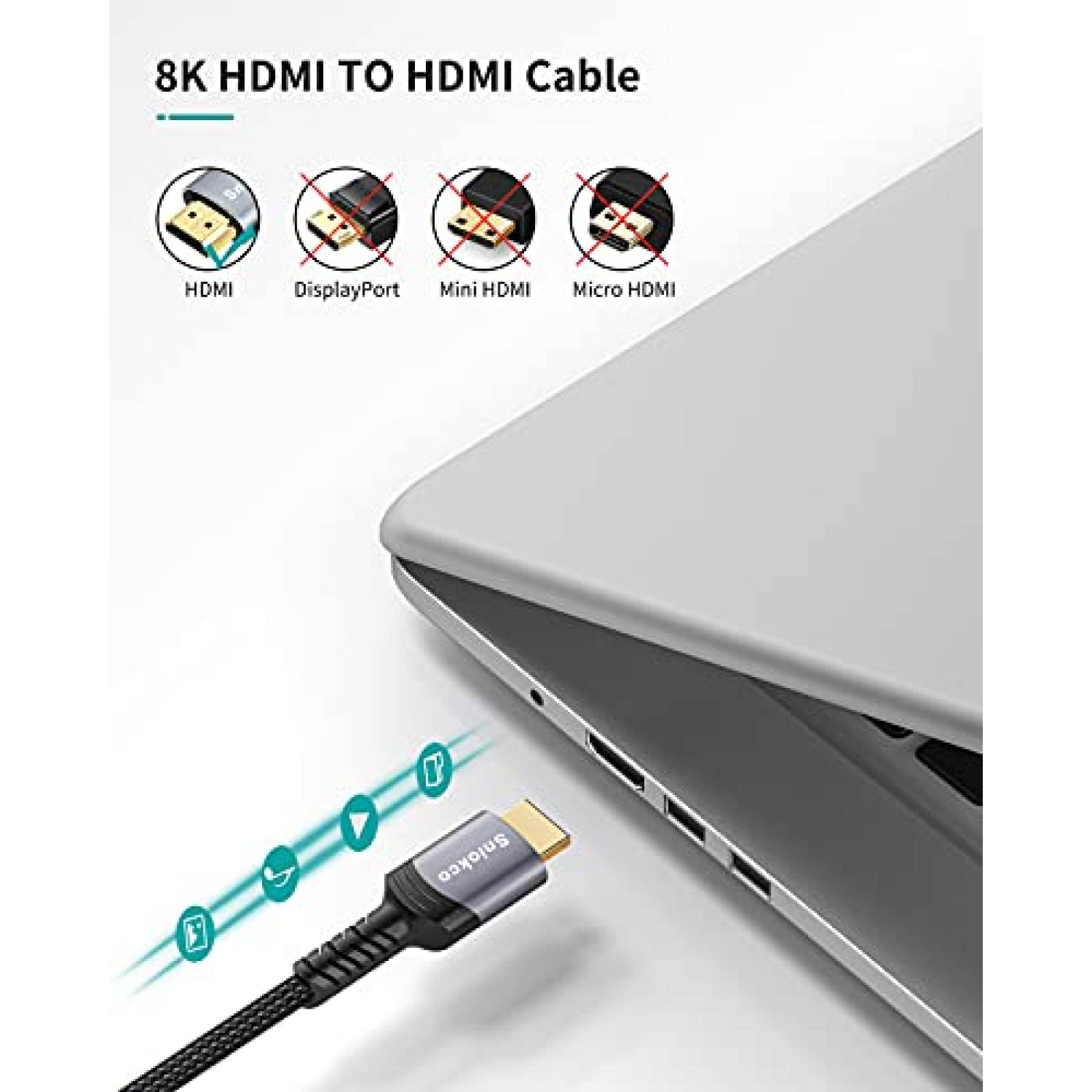 Cable HDMI 2.1 Sniokco de 8K de 10 pies de 48 Gbps -Gris