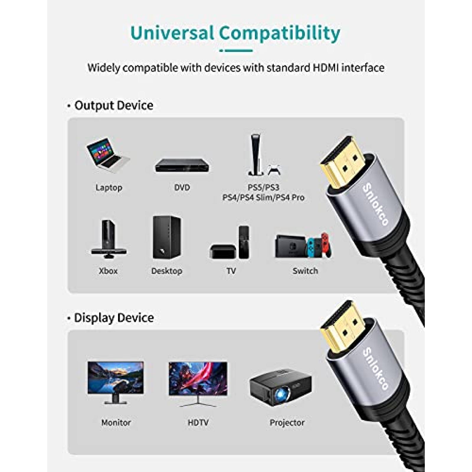 Cable HDMI 2.1 Sniokco de 8K de 10 pies de 48 Gbps -Gris