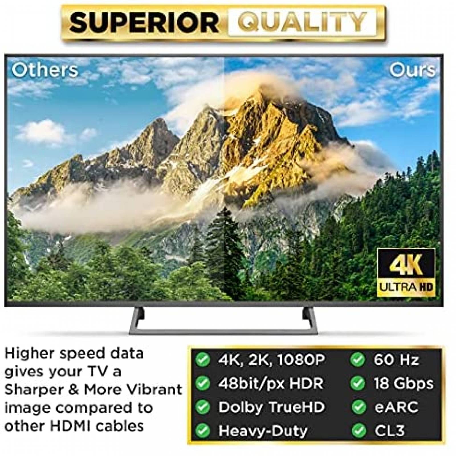 Cable HDMI PowerBear 4K de 20 pies de alta velocidad -Negro