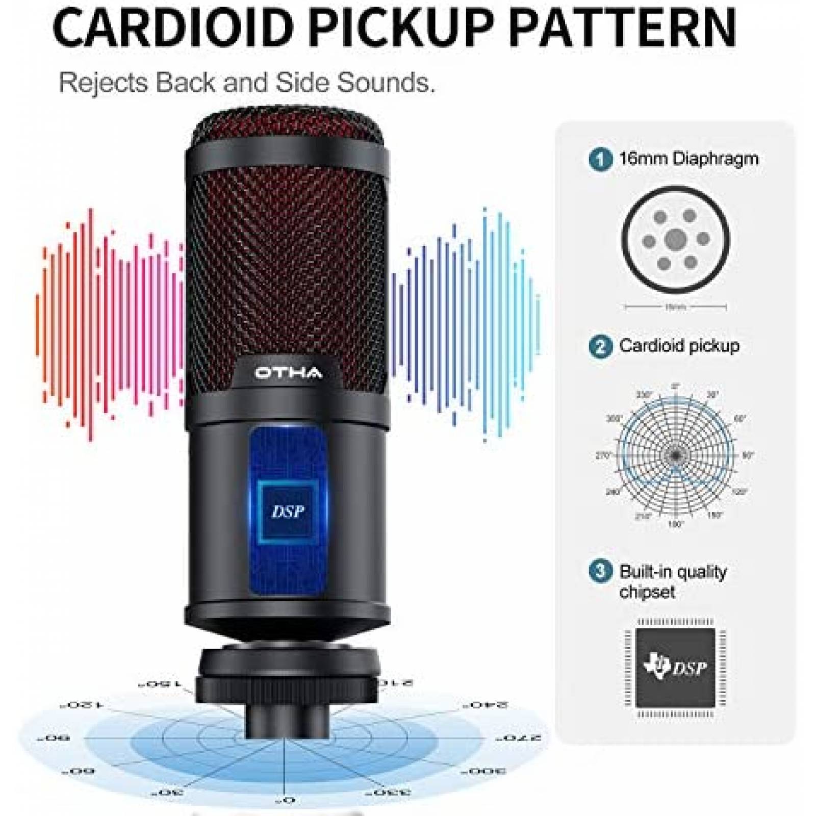 Microfono USB OTHA de 192KHZ/24bit con Soporte -Negro