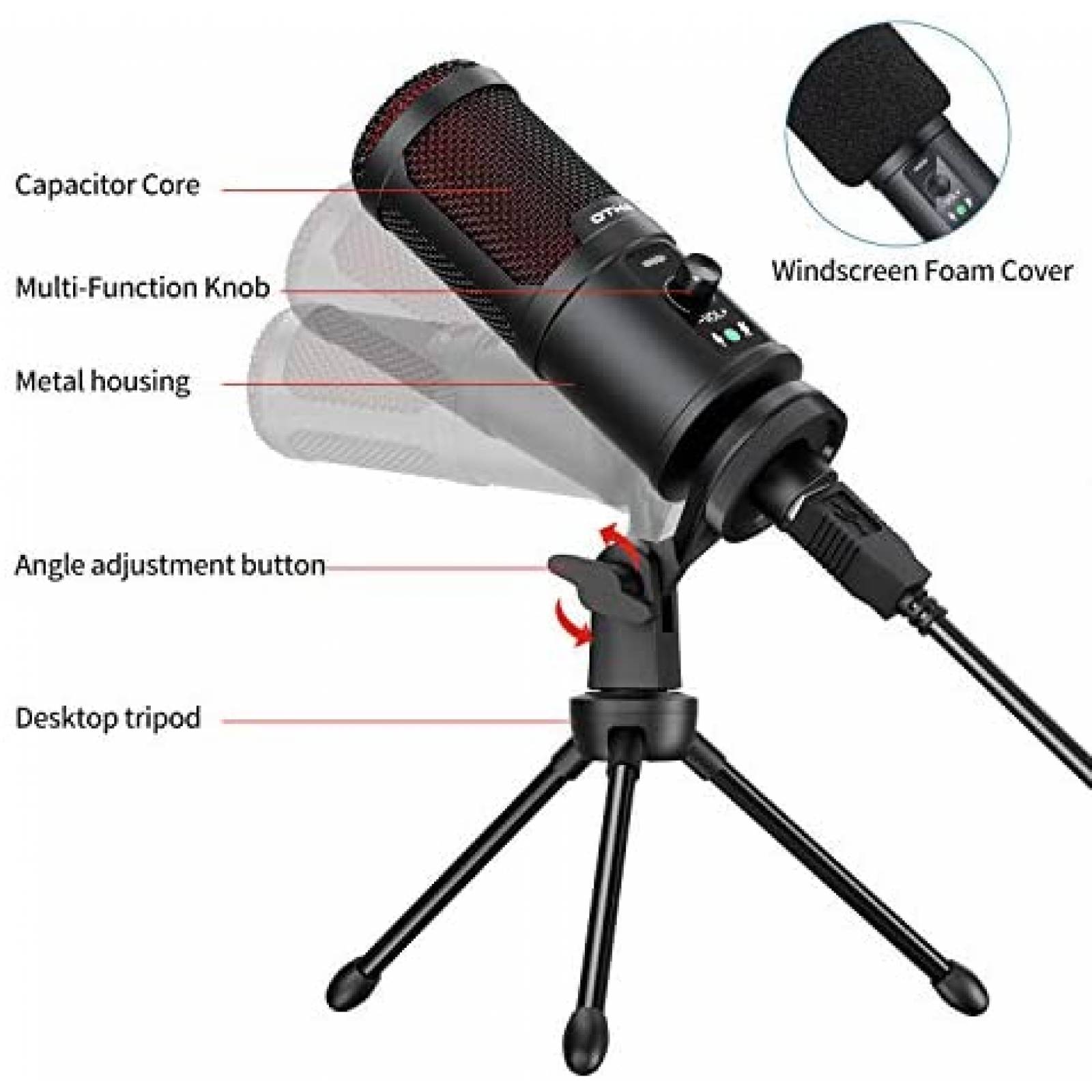 Microfono USB OTHA de 192KHZ/24bit con Soporte -Negro