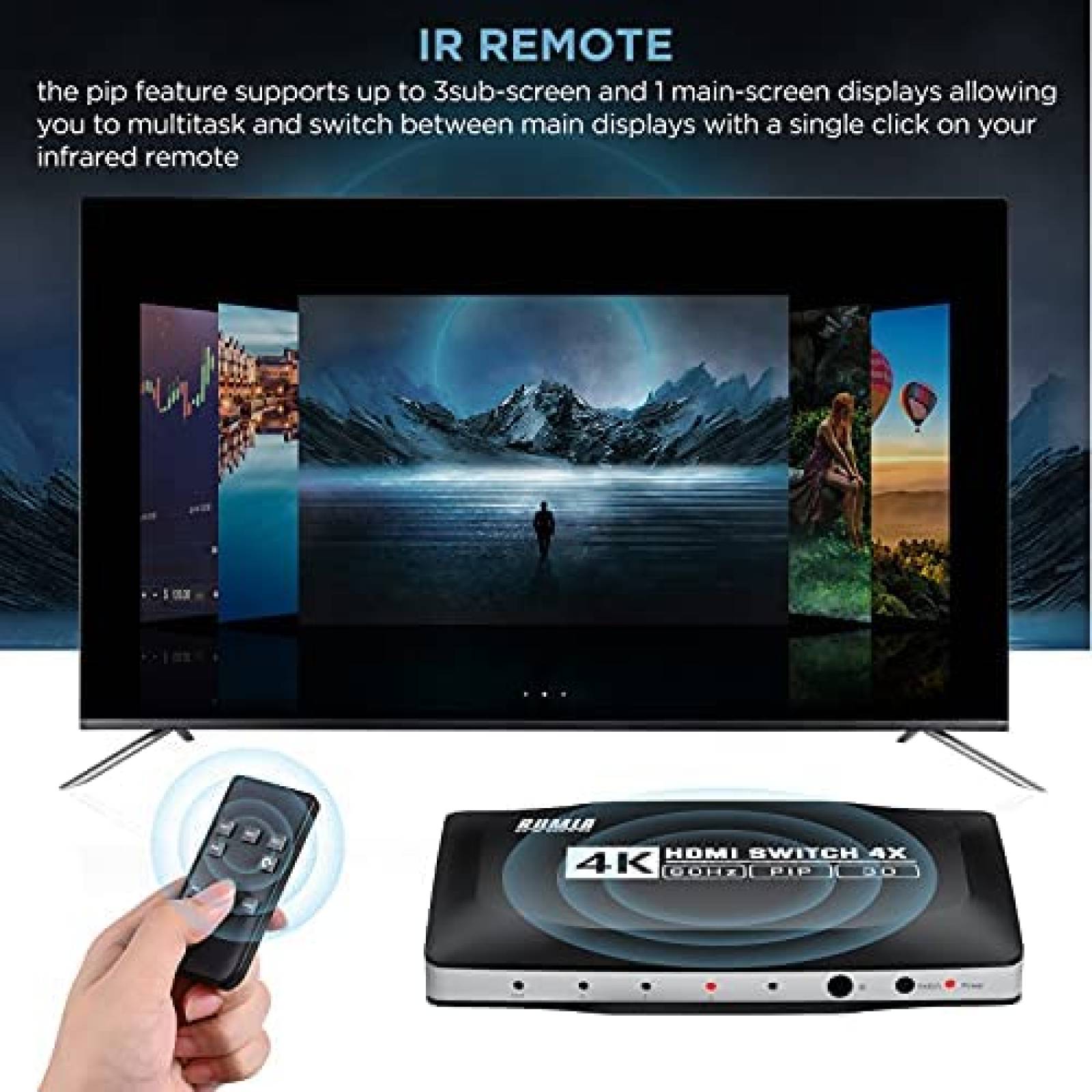 Switch RUMIA de 4 Puertos HDMI 2.0 4K con Control -Negro