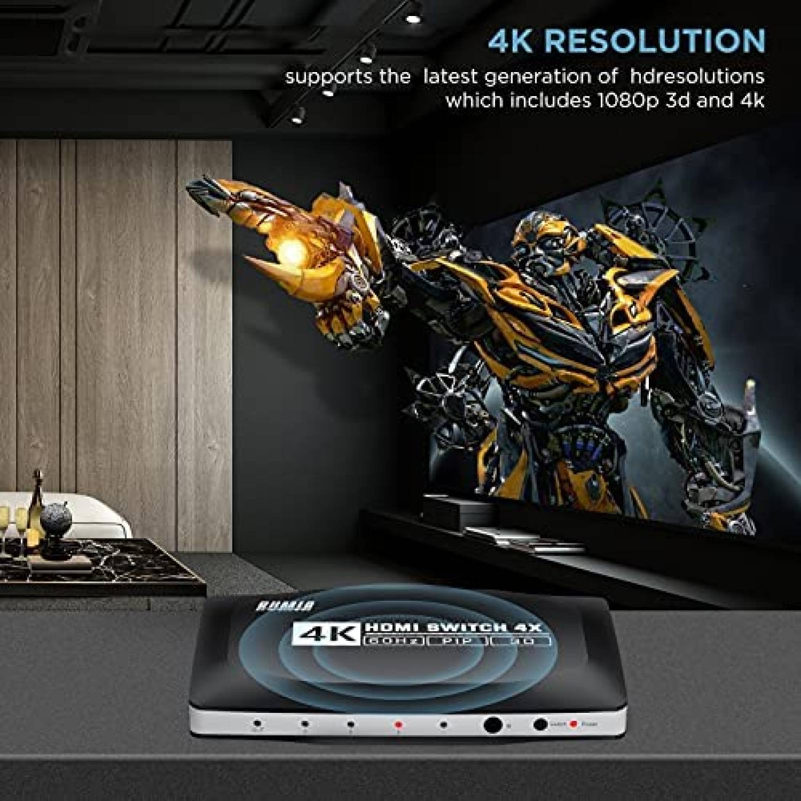 Switch RUMIA de 4 Puertos HDMI 2.0 4K con Control -Negro