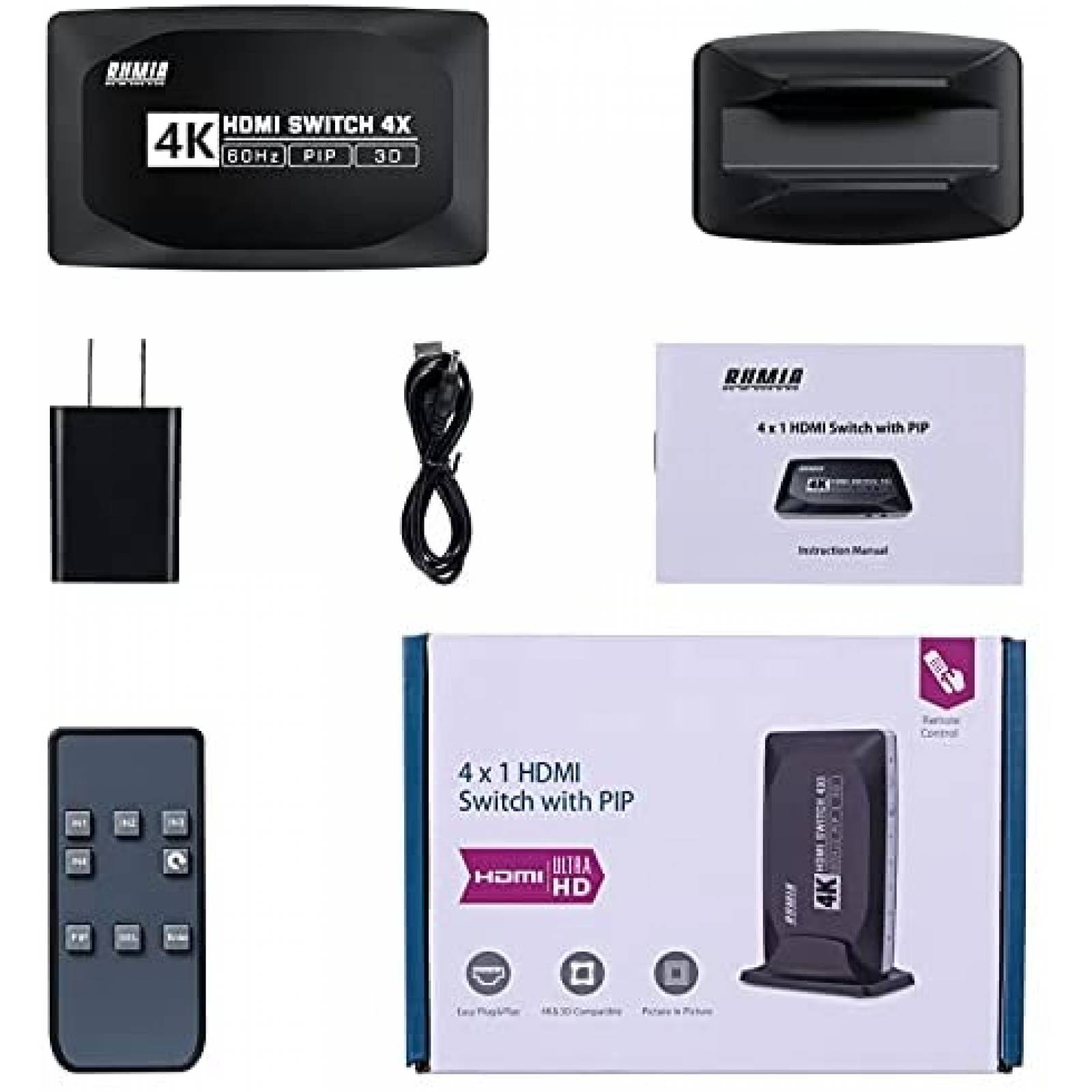 Switch RUMIA de 4 Puertos HDMI 2.0 4K con Control -Negro
