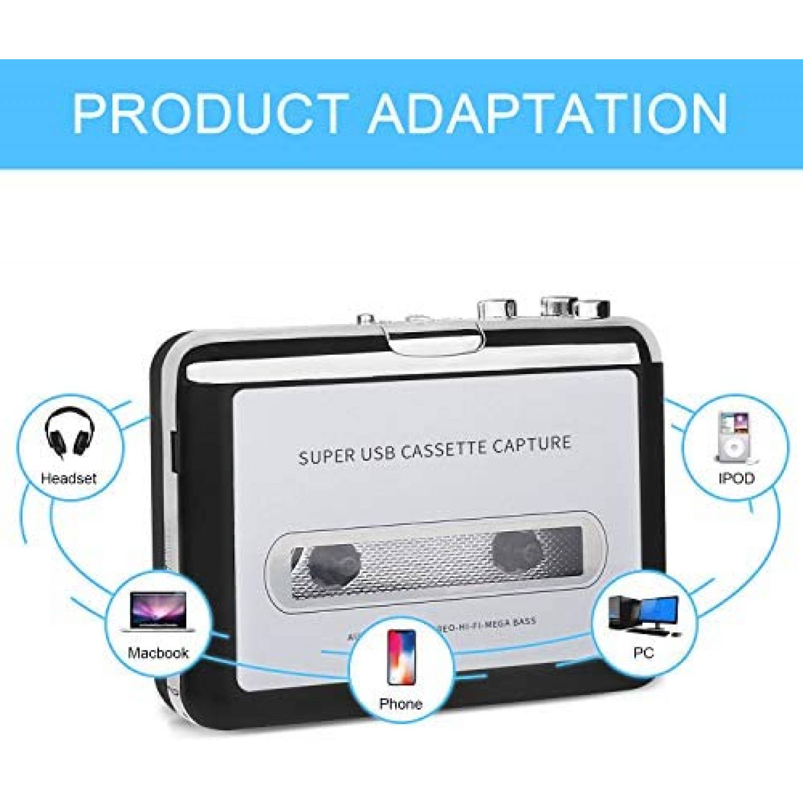 Reproductor de cassette, convertidor de cinta de casete a MP3, a través del  convertidor de cinta de casete portátil USB, captura música de audio MP3
