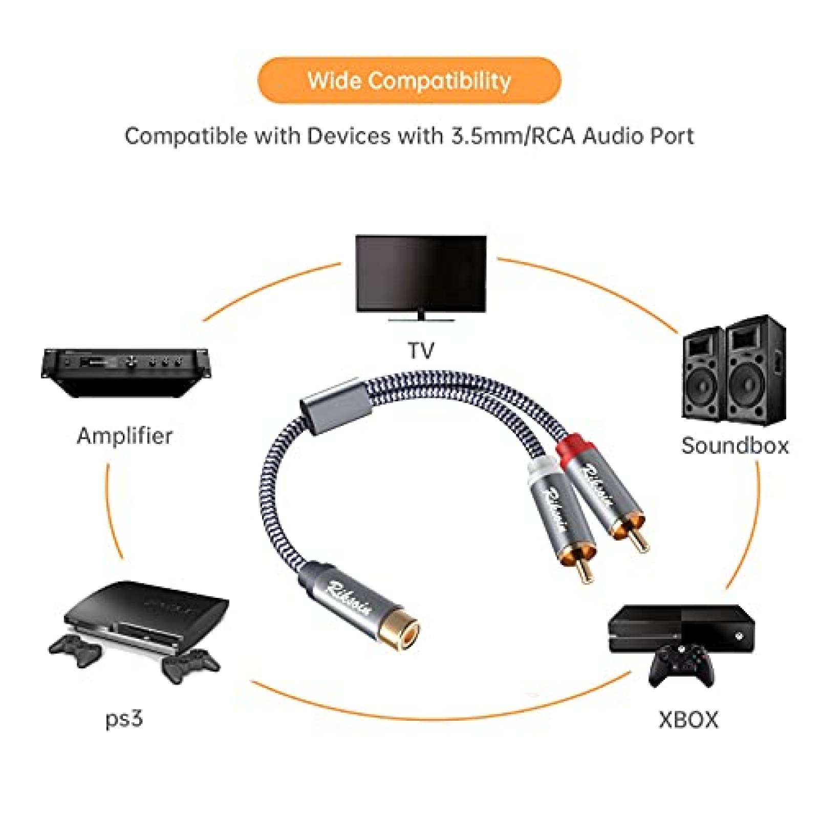 Cable RIKSOIN 2 Pzs RCA hembra a 2RCA macho -Plateado