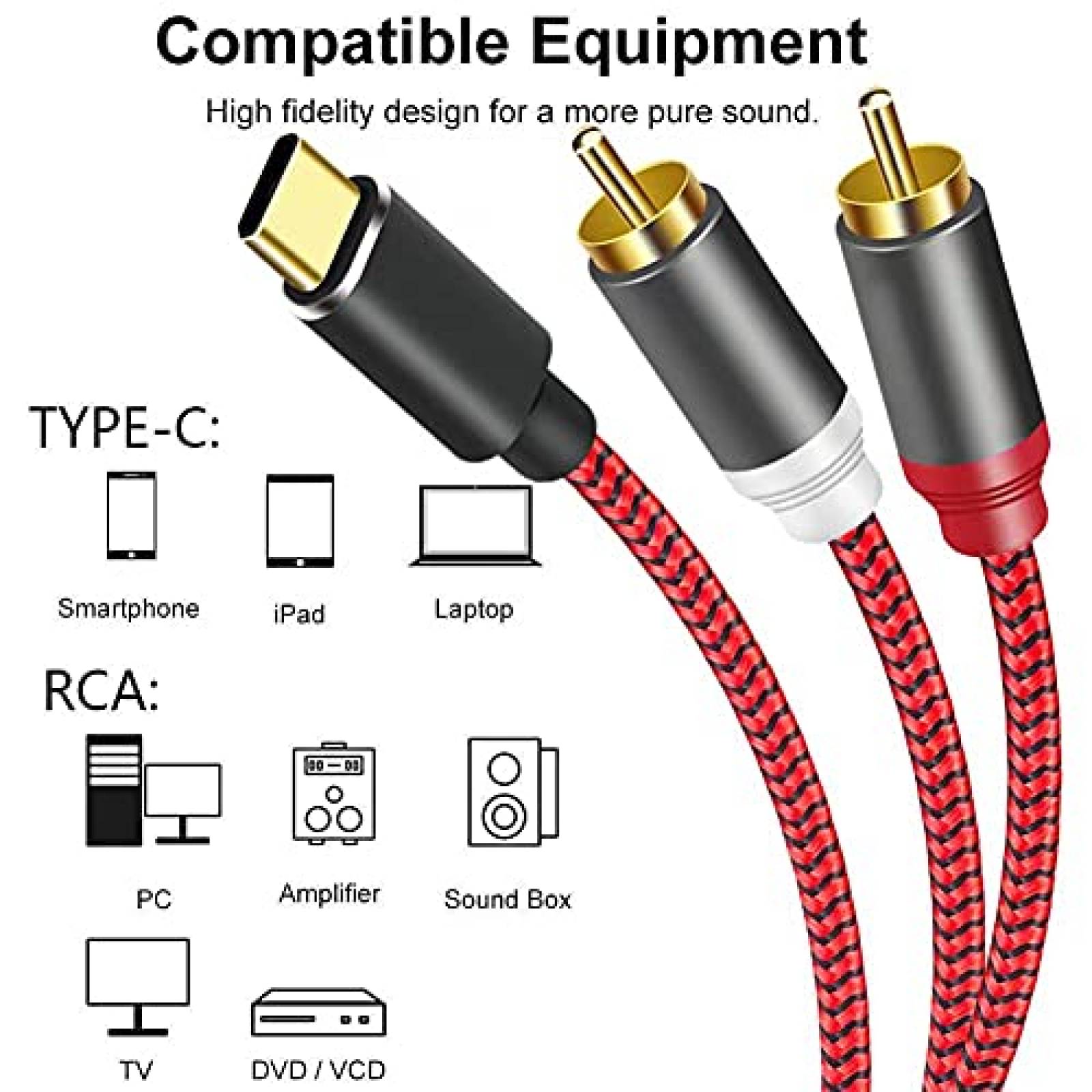Cable Nitissst De Audio USB Tipo C a 2 RCA 3 ft -Rojo
