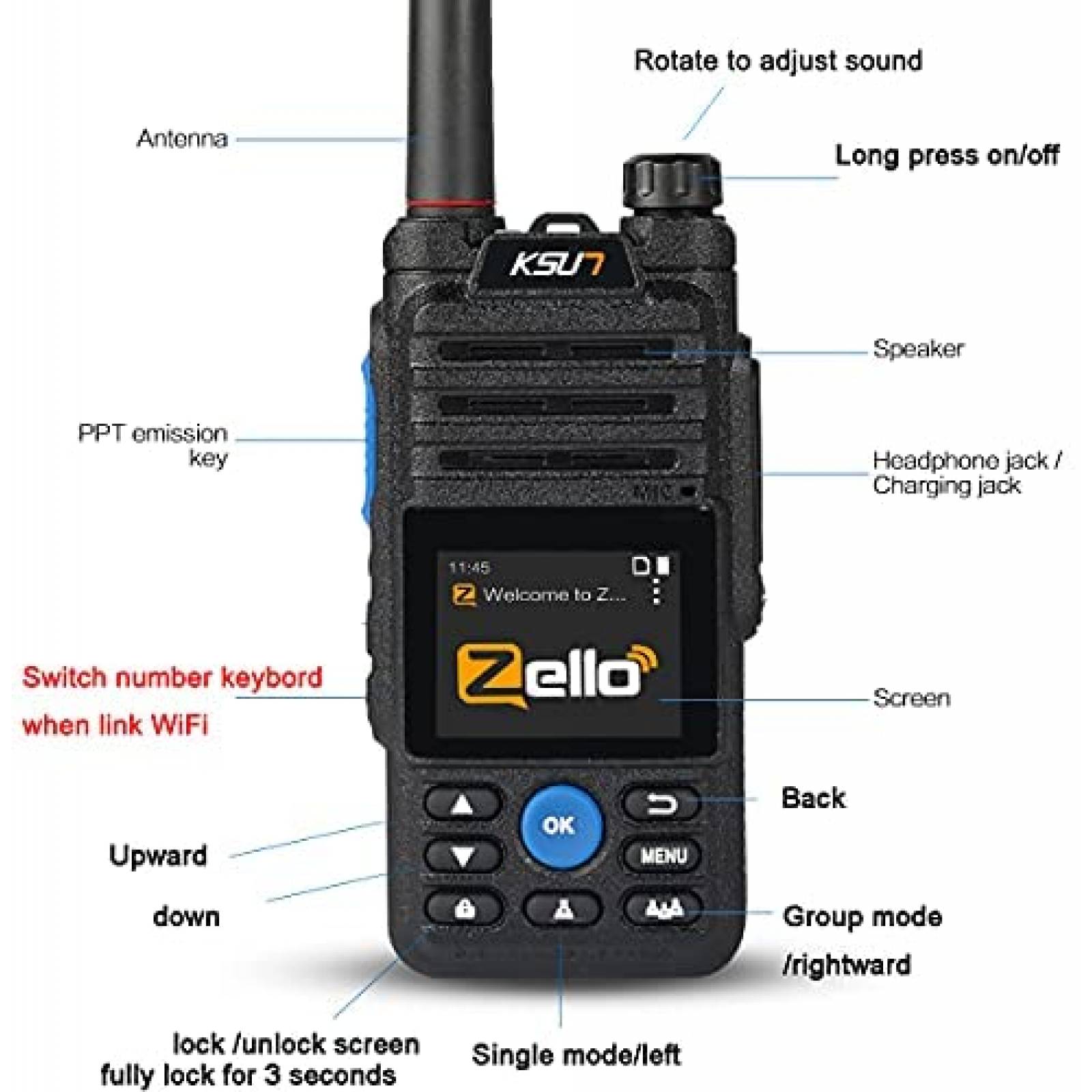 Walkie talkie KSUN Zello ZL10 100 millas 35 dB -Negro