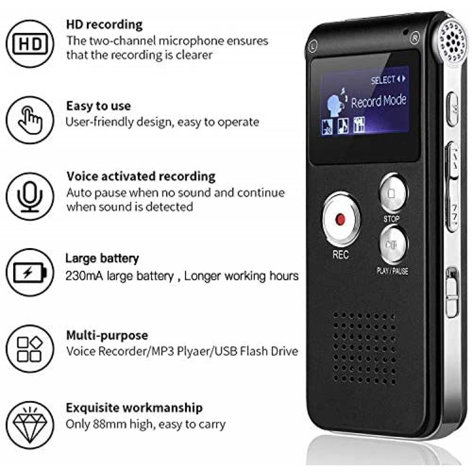 Grabadora de Voz SLEPPGO MP3/WAV/WMA de 8GB -Negro