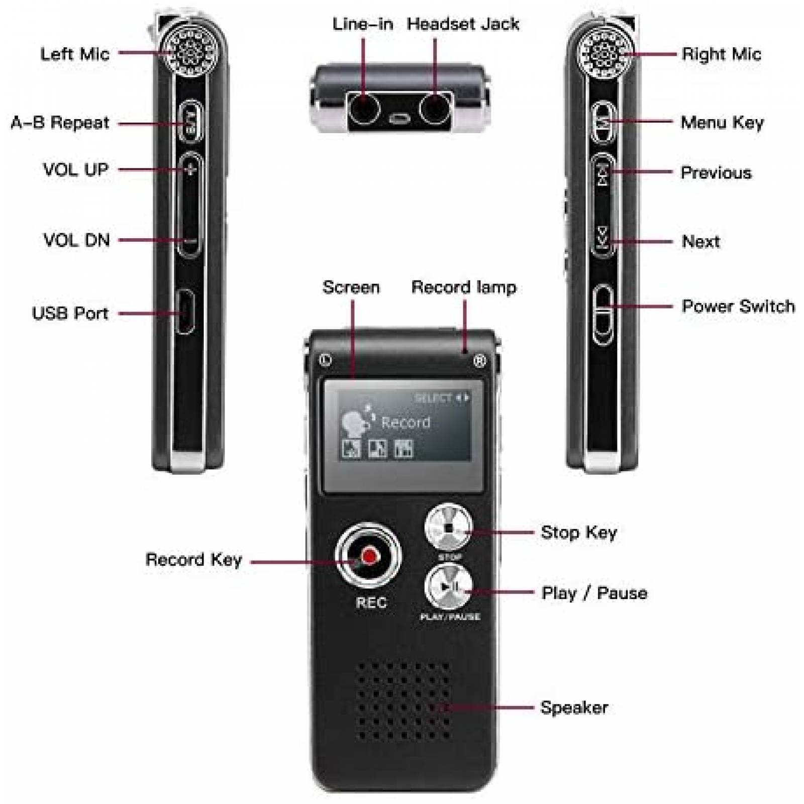 Grabadora de Voz SLEPPGO MP3/WAV/WMA de 8GB -Negro