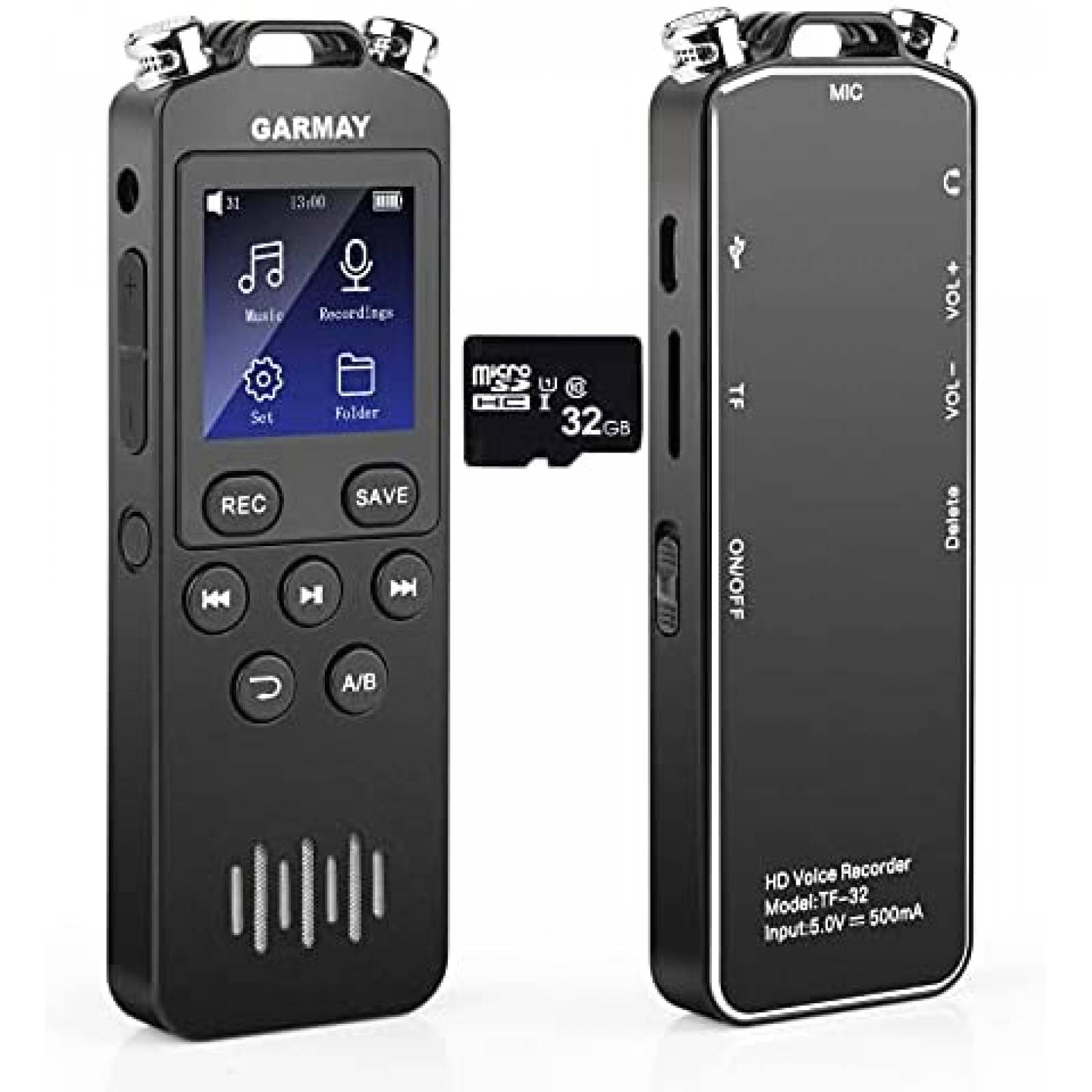 Grabadora de Voz GARMAY de 48GB/1536kbps USB/3.5mm -Negro