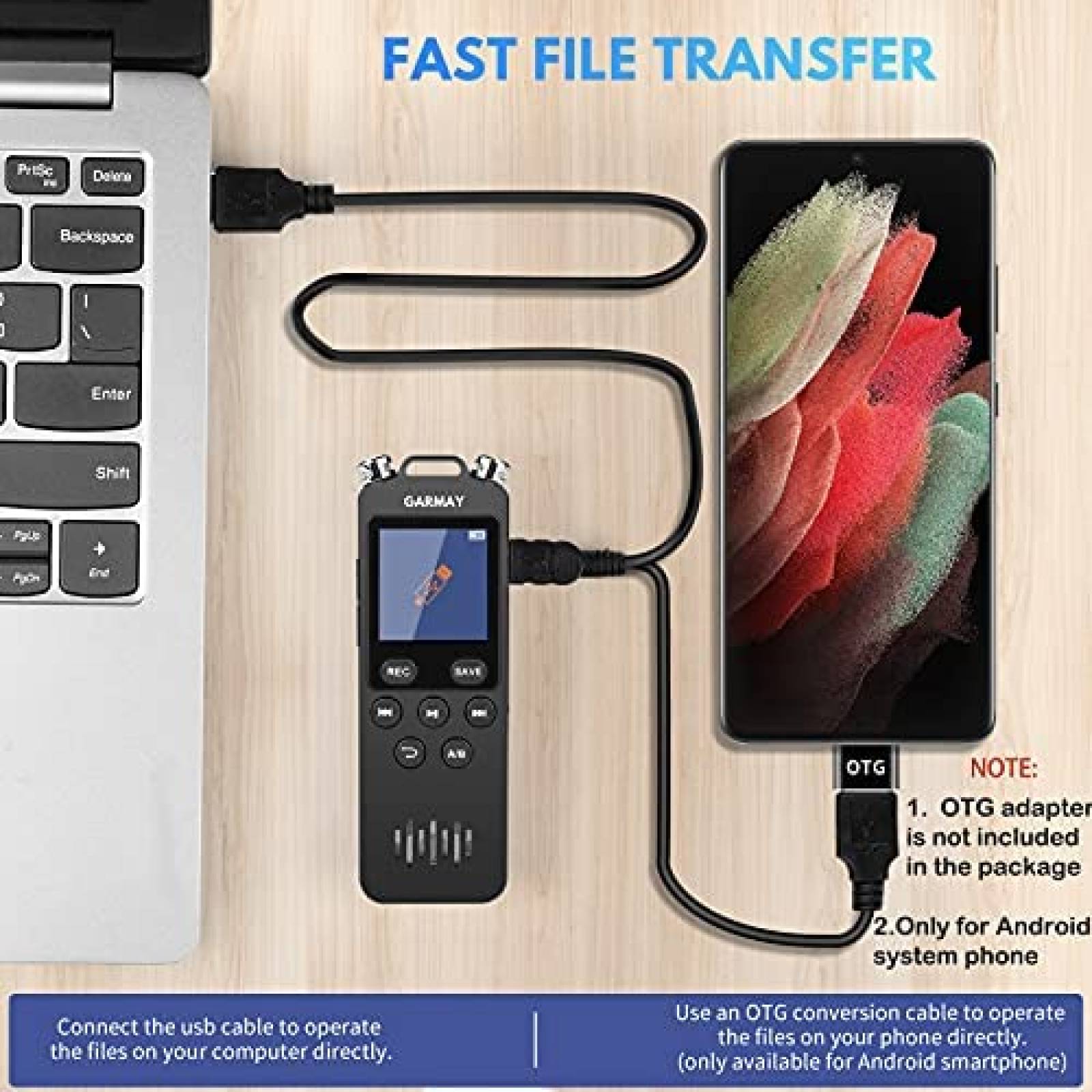 Grabadora de Voz GARMAY de 48GB/1536kbps USB/3.5mm -Negro