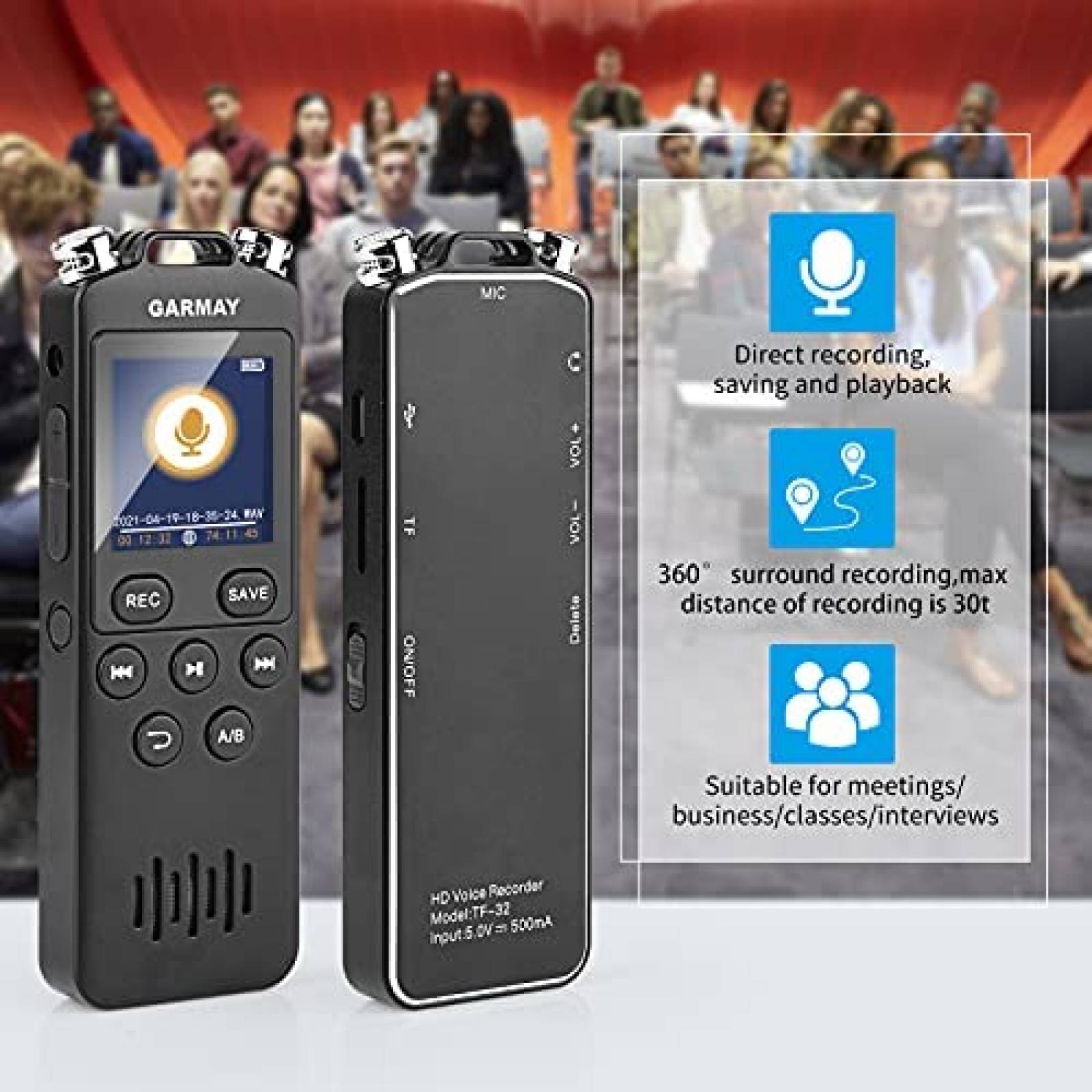 Grabadora de Voz GARMAY de 48GB/1536kbps USB/3.5mm -Negro