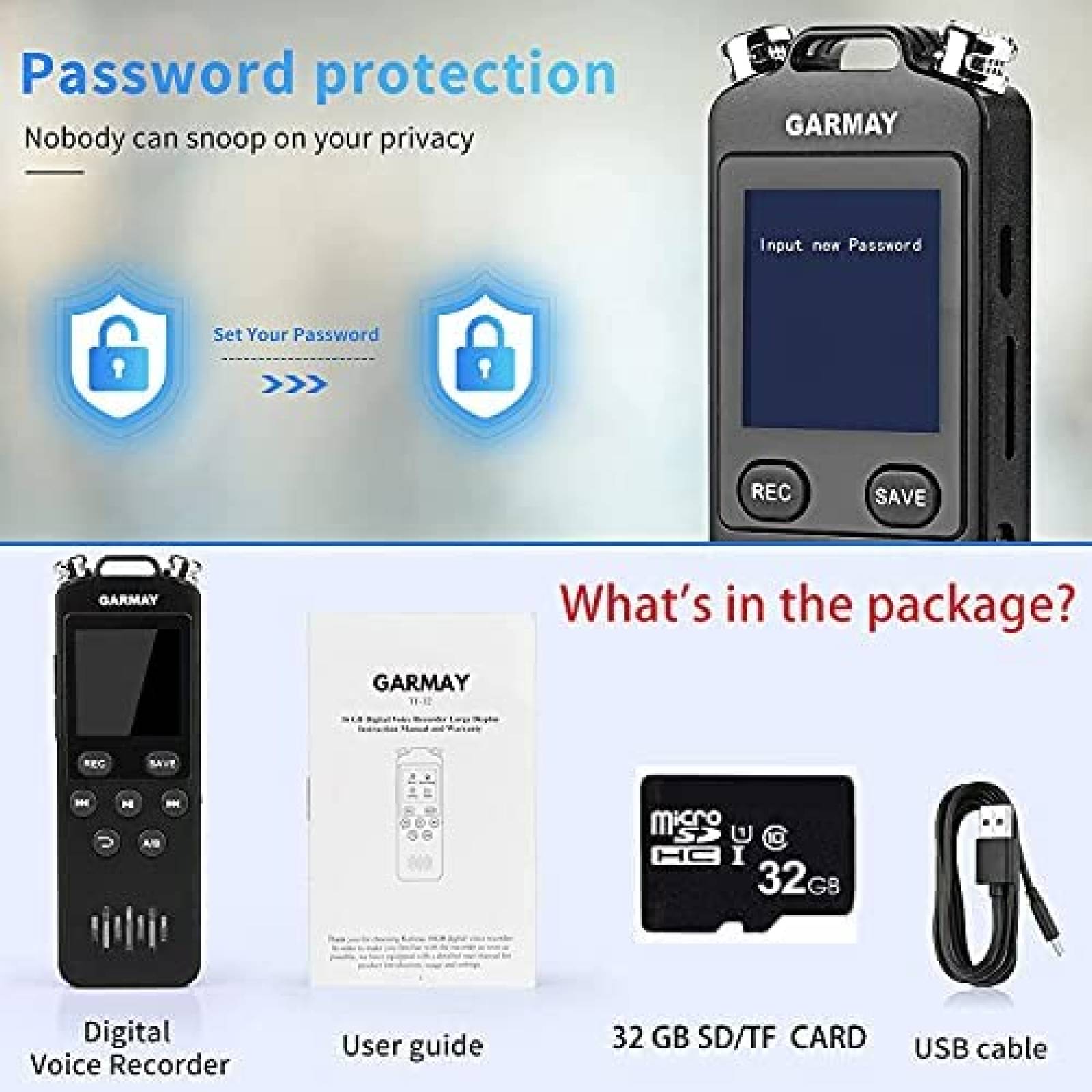 Grabadora de Voz GARMAY de 48GB/1536kbps USB/3.5mm -Negro