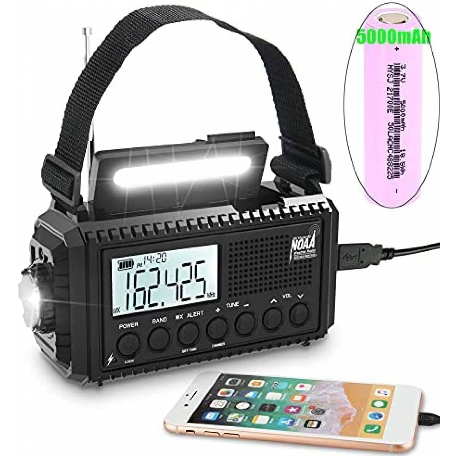 Radio digital NOAA 5000mAh de energia solar 5V -Negro