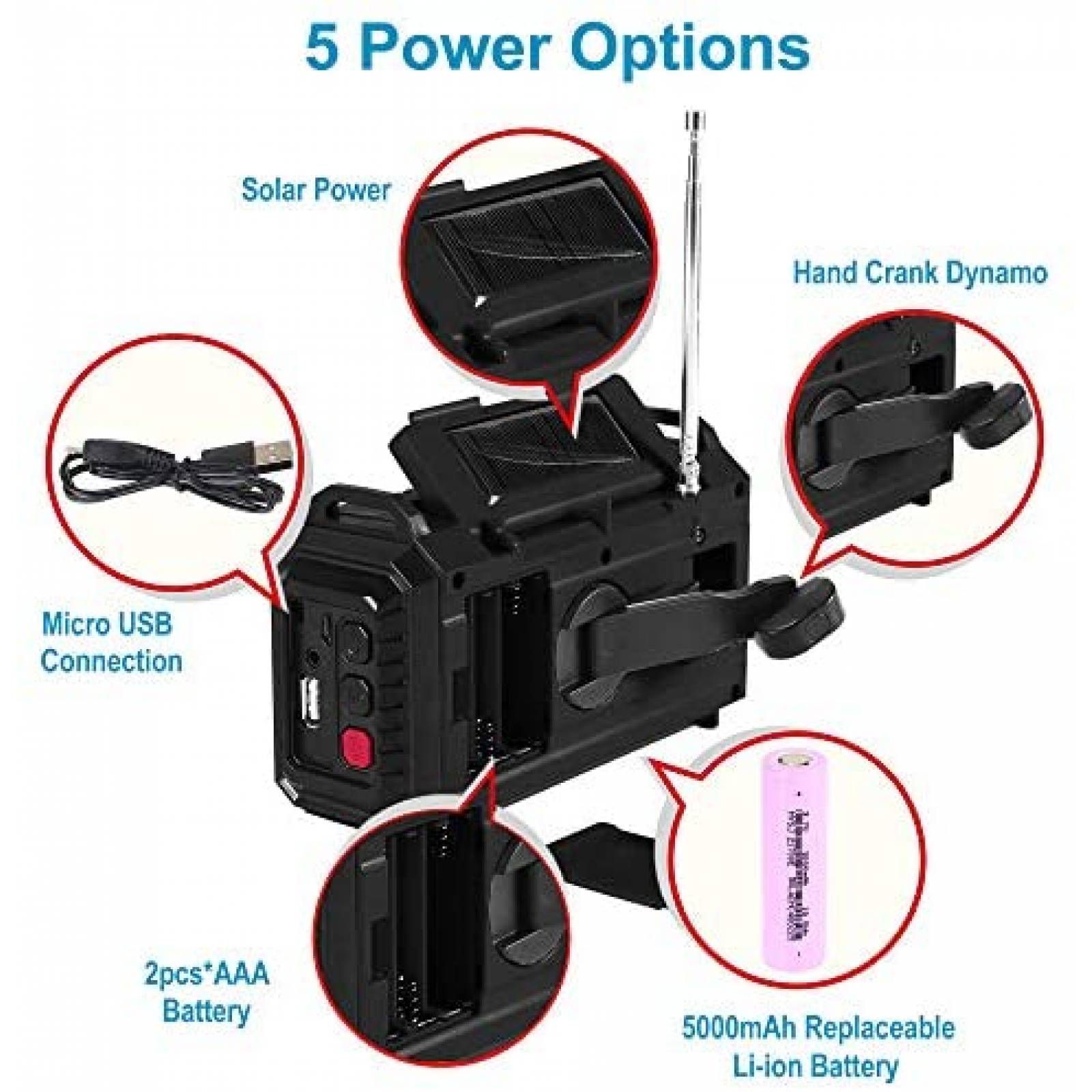Radio digital NOAA 5000mAh de energia solar 5V -Negro