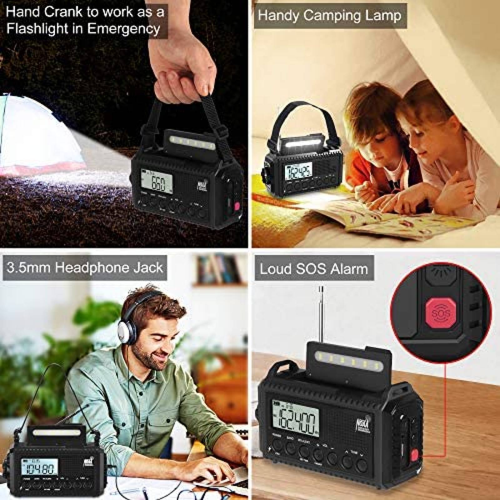 Radio digital NOAA 5000mAh de energia solar 5V -Negro