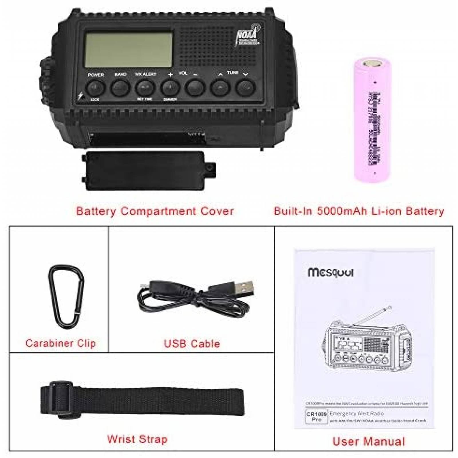 Radio digital NOAA 5000mAh de energia solar 5V -Negro