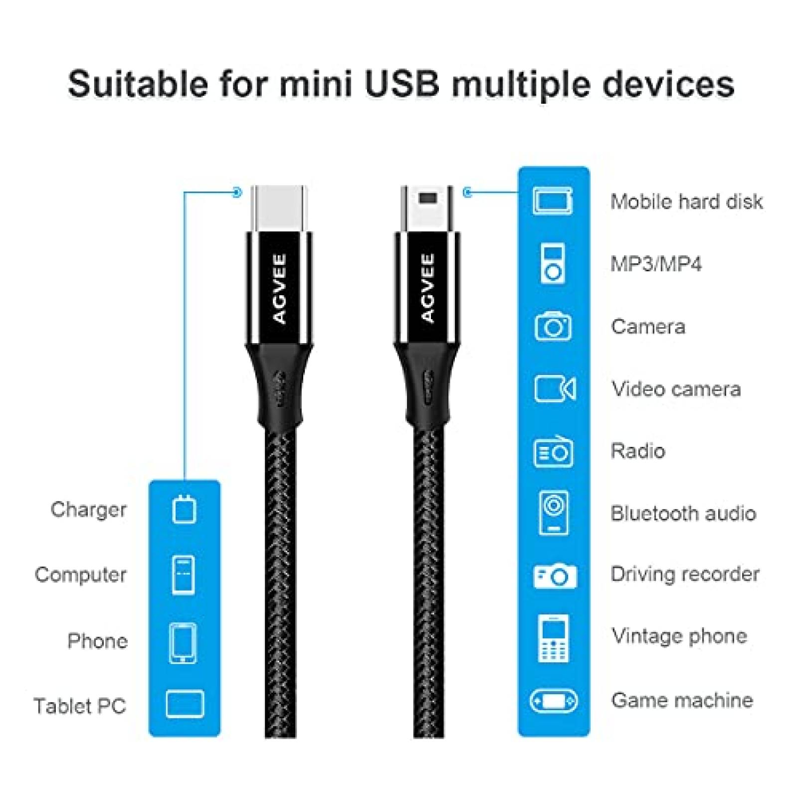 Cable USB-C a Mini USB AGVEE corto cargador de datos -Negro