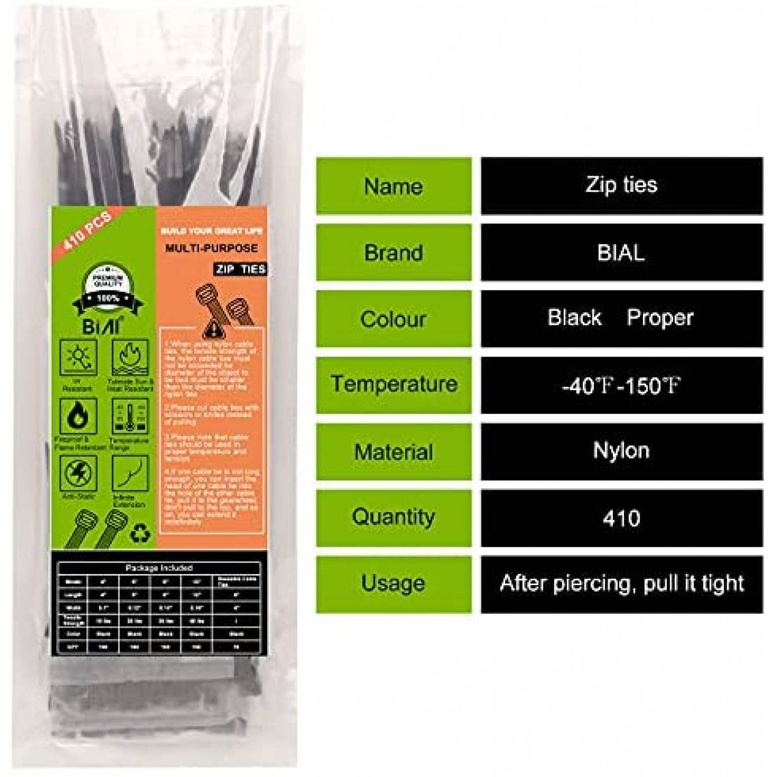 Pack de zinchos BIAL x410 de plastico y nylon -Negro