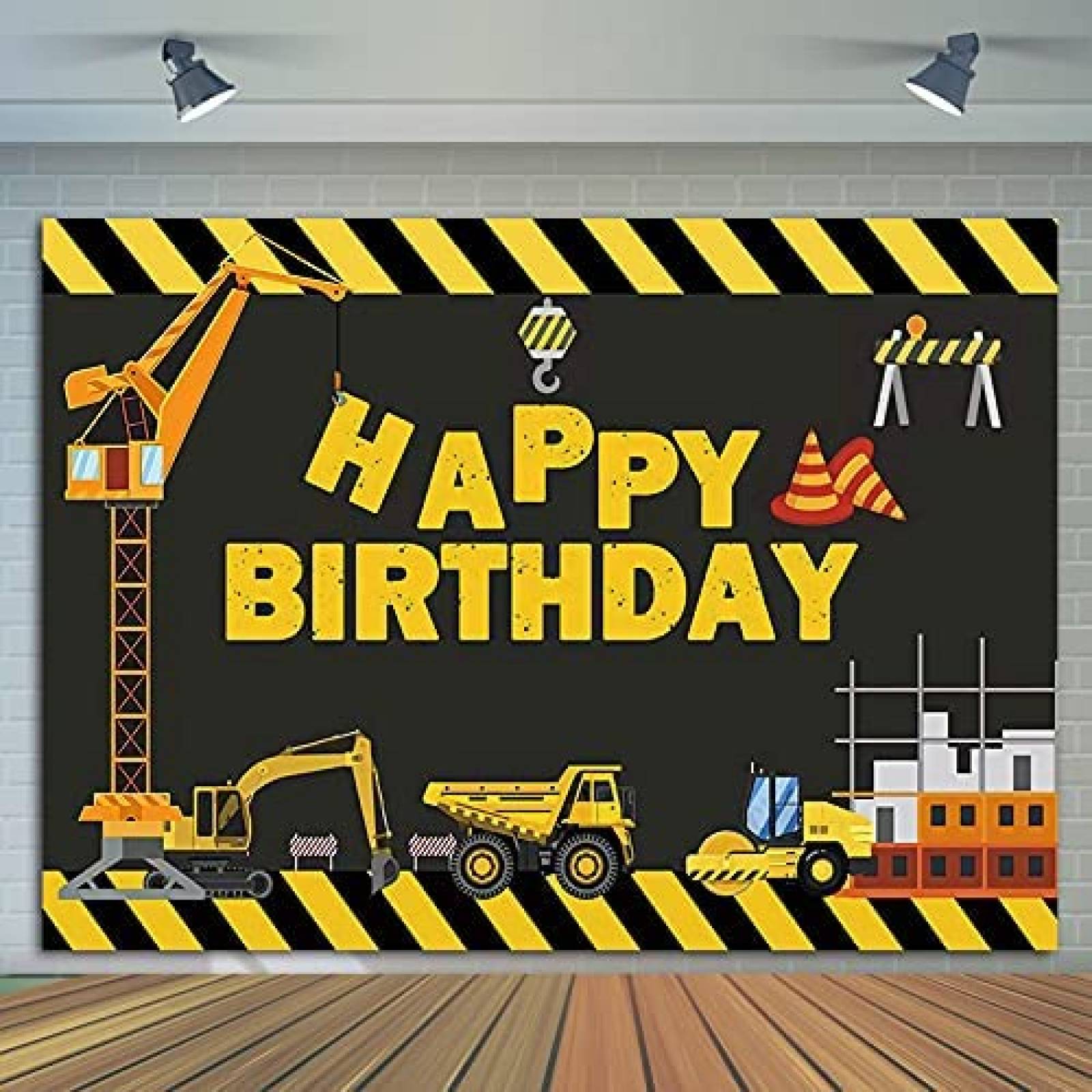 Telon de Fondo Fanghui Construccion Feliz Cumpleaños 5x3ft