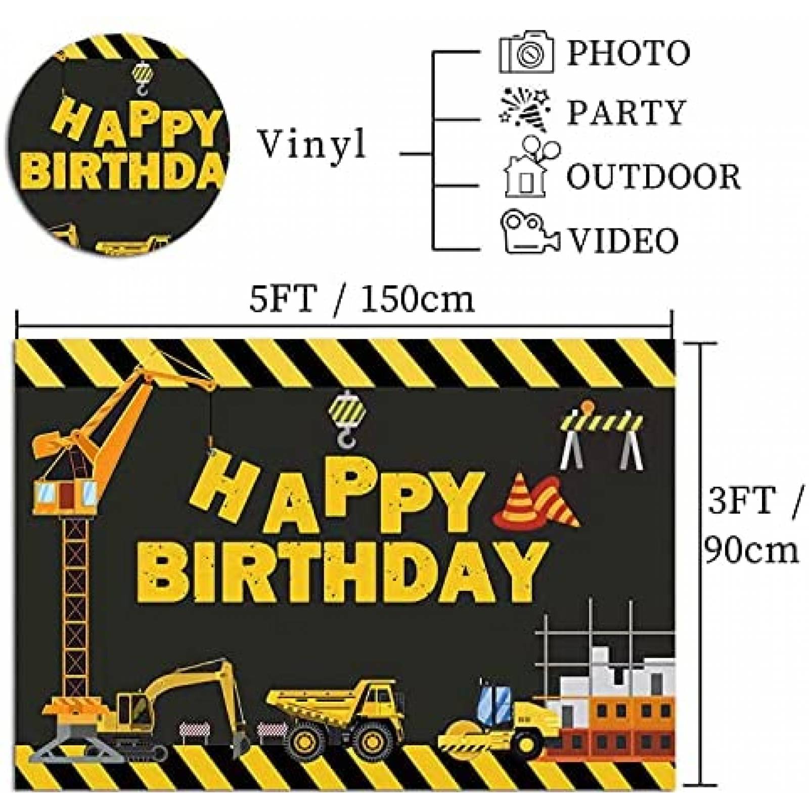 Telon de Fondo Fanghui Construccion Feliz Cumpleaños 5x3ft