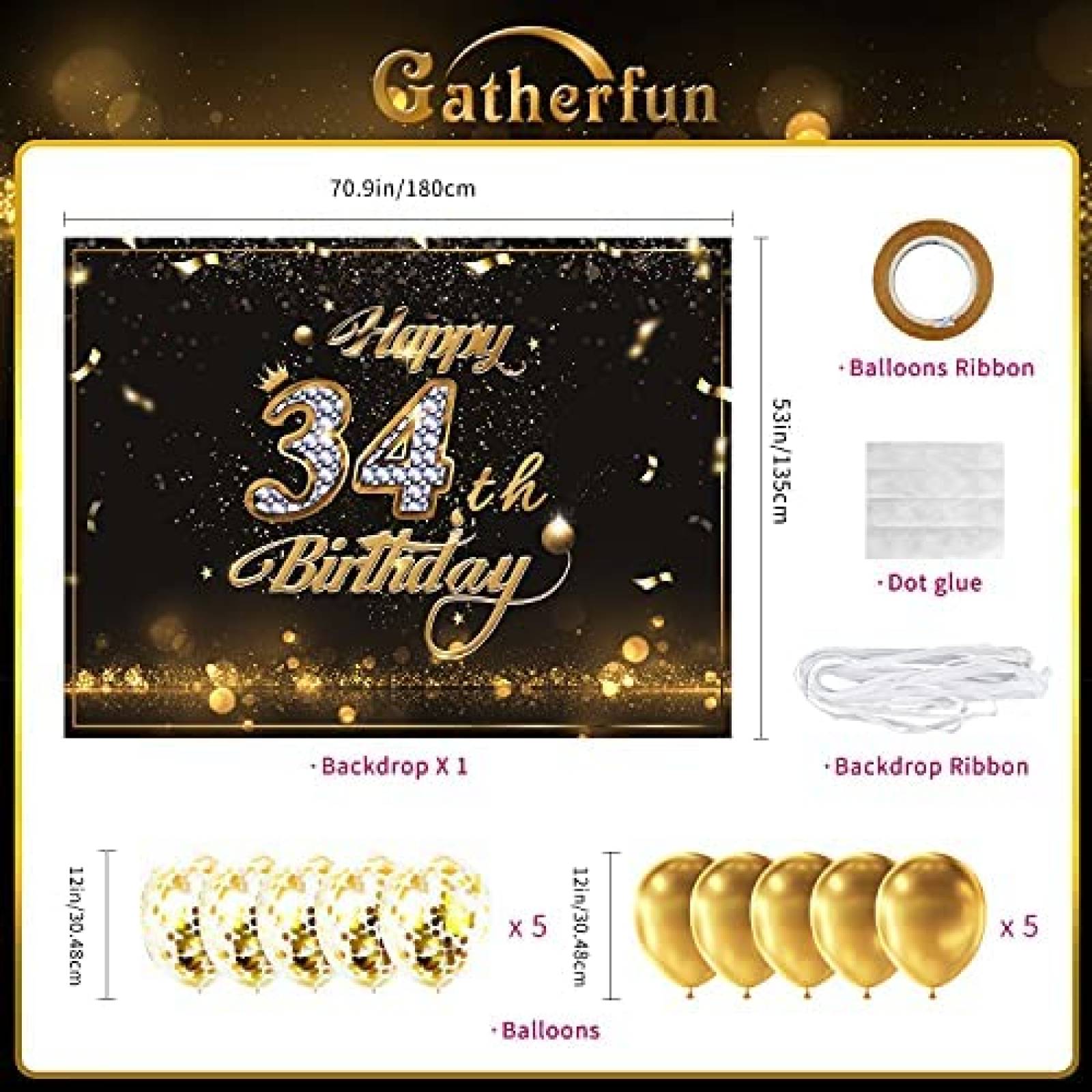 Fondo foto Gatherfun Cumpleaños 34 x10 globos -Negro/dorado